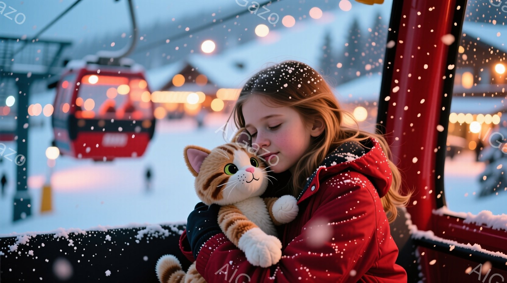 雪が降る中で、少女が大きなオレンジ色の猫のぬいぐるみを抱きしめています。彼女は赤いジャケットを着ており、髪はゆるやかにウェーブがかかっています。背景にはスキーリフトや光る建物が見え、冬の穏やかで暖かい雰囲気が漂っています。