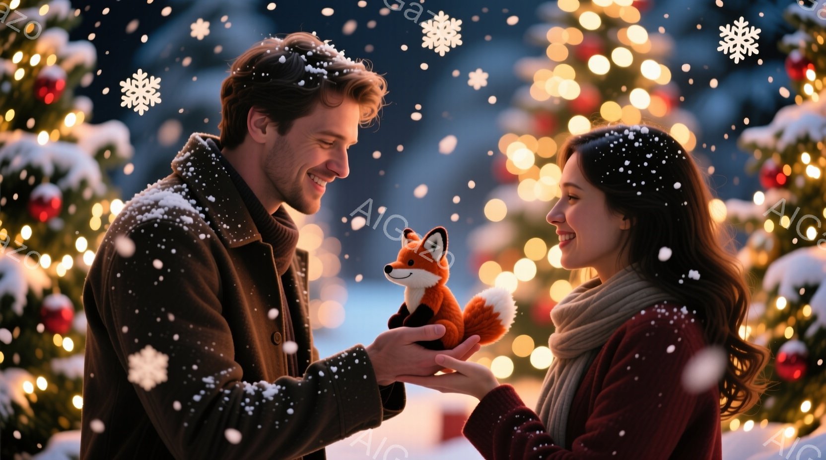 暖炉の前で、男性が女性にオレンジ色の小さなキツネのぬいぐるみを差し出している温かい光景です。男性は黒いコートを着て、女性は赤いセーターに白いスカーフを巻いており、お互いに微笑み合い、幸せそうな表情をし - AI生成フリー素材