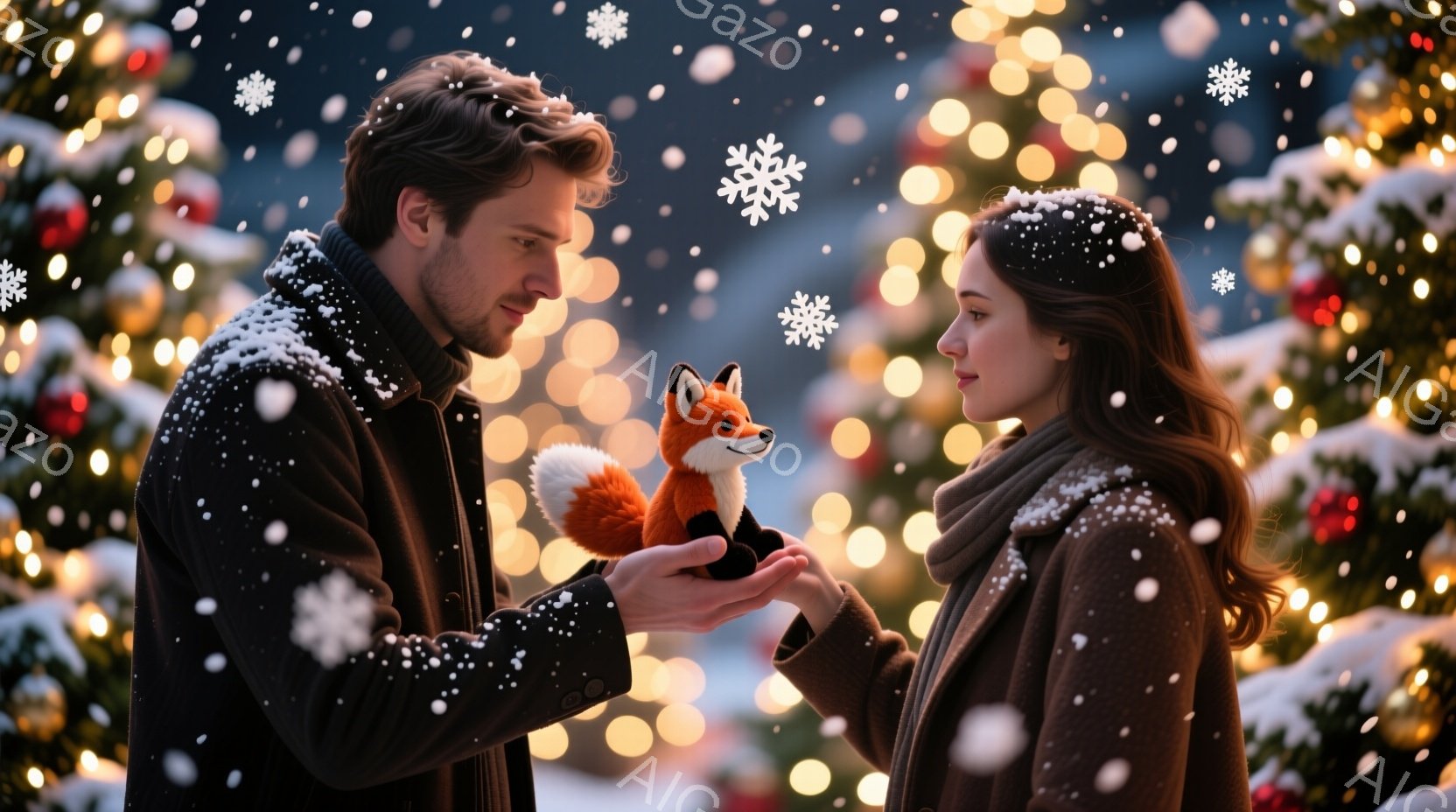 長い髪を巻いた女性と、整った髪型の男性が、雪が降る夜に暖炉の前で向き合っています。男性はオレンジ色のキツネの人形を女性に向けて差し出しており、女性は微笑みながらそれを受け入れようとしています。背景には - AI生成フリー素材
