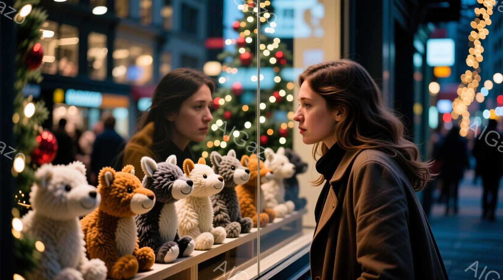 ショーウィンドウに並んだぬいぐるみを眺める女性が写っている。彼女はダークブラウンのコートを着ており、肩までの長さのゆるやかなウェーブヘアをしている。背景にはクリスマスの装飾が施された建物と、ぼやけた歩 - AI生成フリー素材