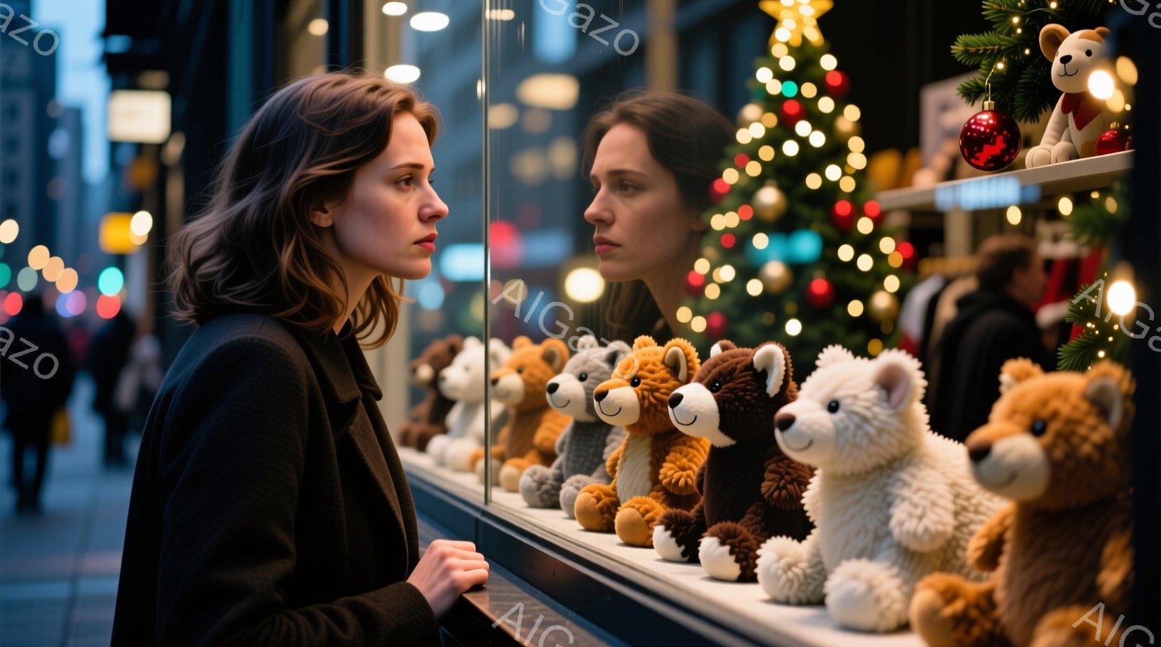 長い茶色の髪を肩にかかった女性が、店のショーウィンドウをじっと見つめている。黒いコートを着ており、少し憂いを帯びた表情で、窓に並んだテディベアの列を見ている。背景にはクリスマスツリーが飾られ、街の灯り - AI生成フリー素材