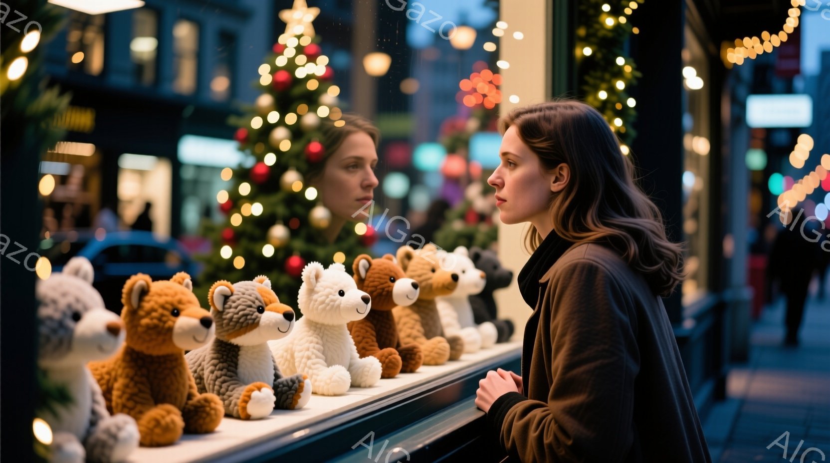 ショーウィンドウに並んだぬいぐるみを見つめる女性が写っている。彼女はダークカラーのコートを着ており、長い茶色の髪は後ろに流されている。背景にはクリスマスツリーやイルミネーションが灯り、冬の夜の暖かく穏やかな雰囲気を醸し出している。