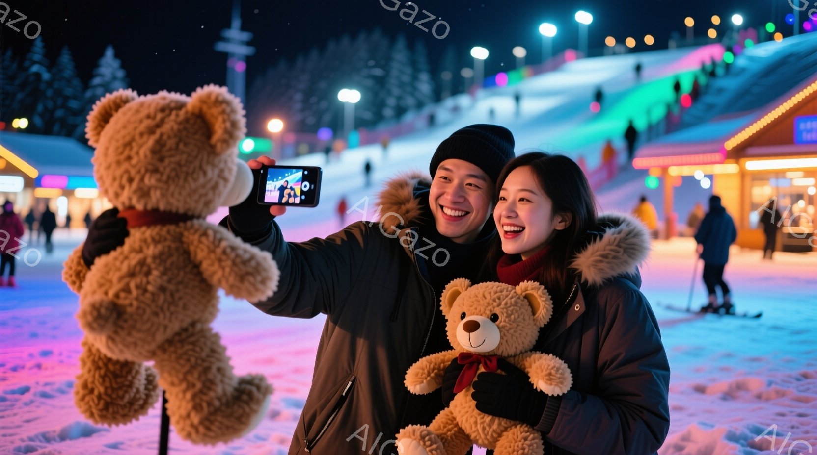 雪景色を背景に、若いカップルが大きなテディベアと一緒に自撮り写真をしている様子が写っている。男性は黒いニット帽と黒いジャケットを着ており、女性は赤いニット帽と赤いセーターを着ている。背景には雪に覆われた丘と、光る建物が見え、夜間の温かい雰囲気が漂っている。