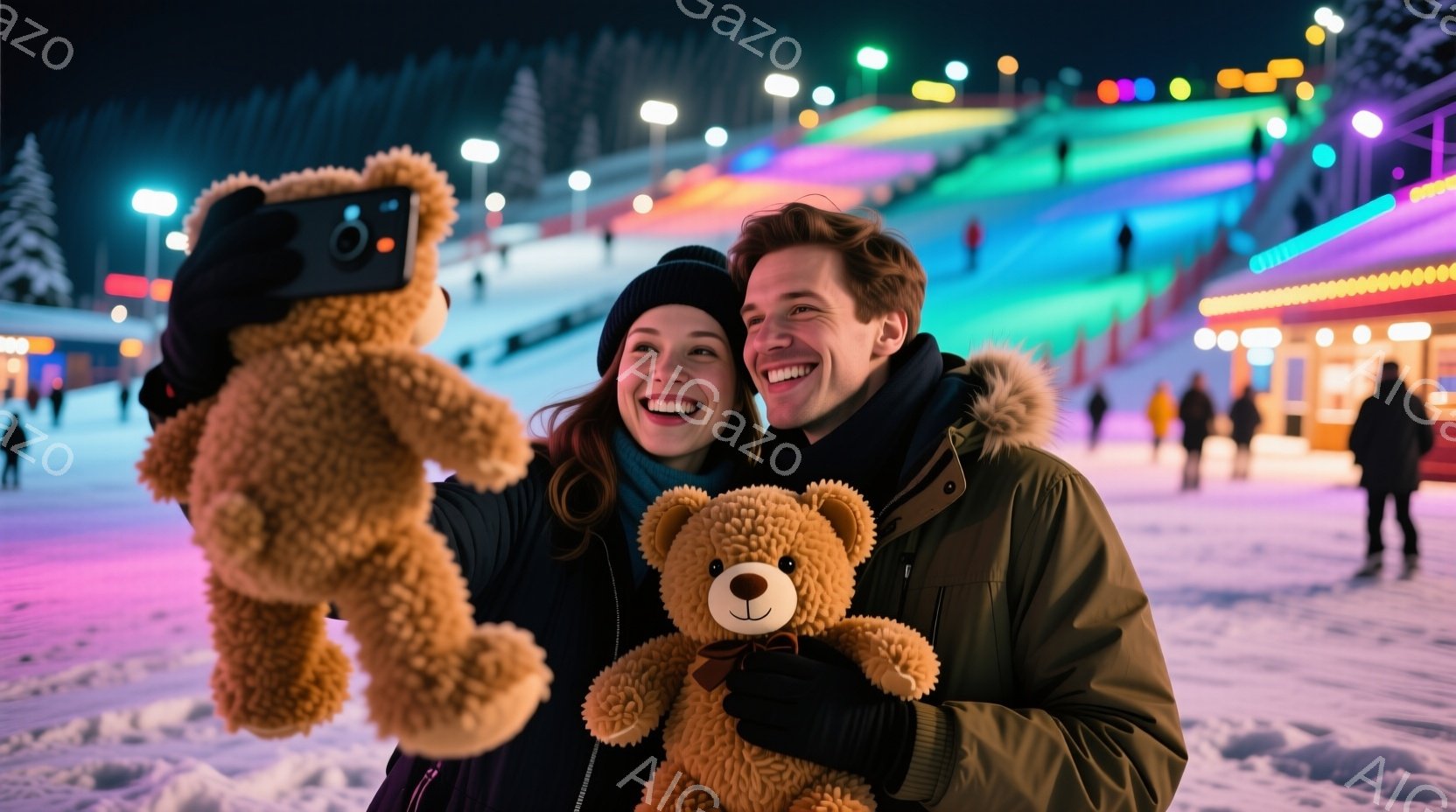 雪景色の中で笑顔のカップルが写っています。女性は黒いニット帽をかぶり、濃い色のジャケットを着ています。男性は茶色の髪で、濃い色のジャケットを着て、女性の隣で微笑んでいます。 - AI生成フリー素材