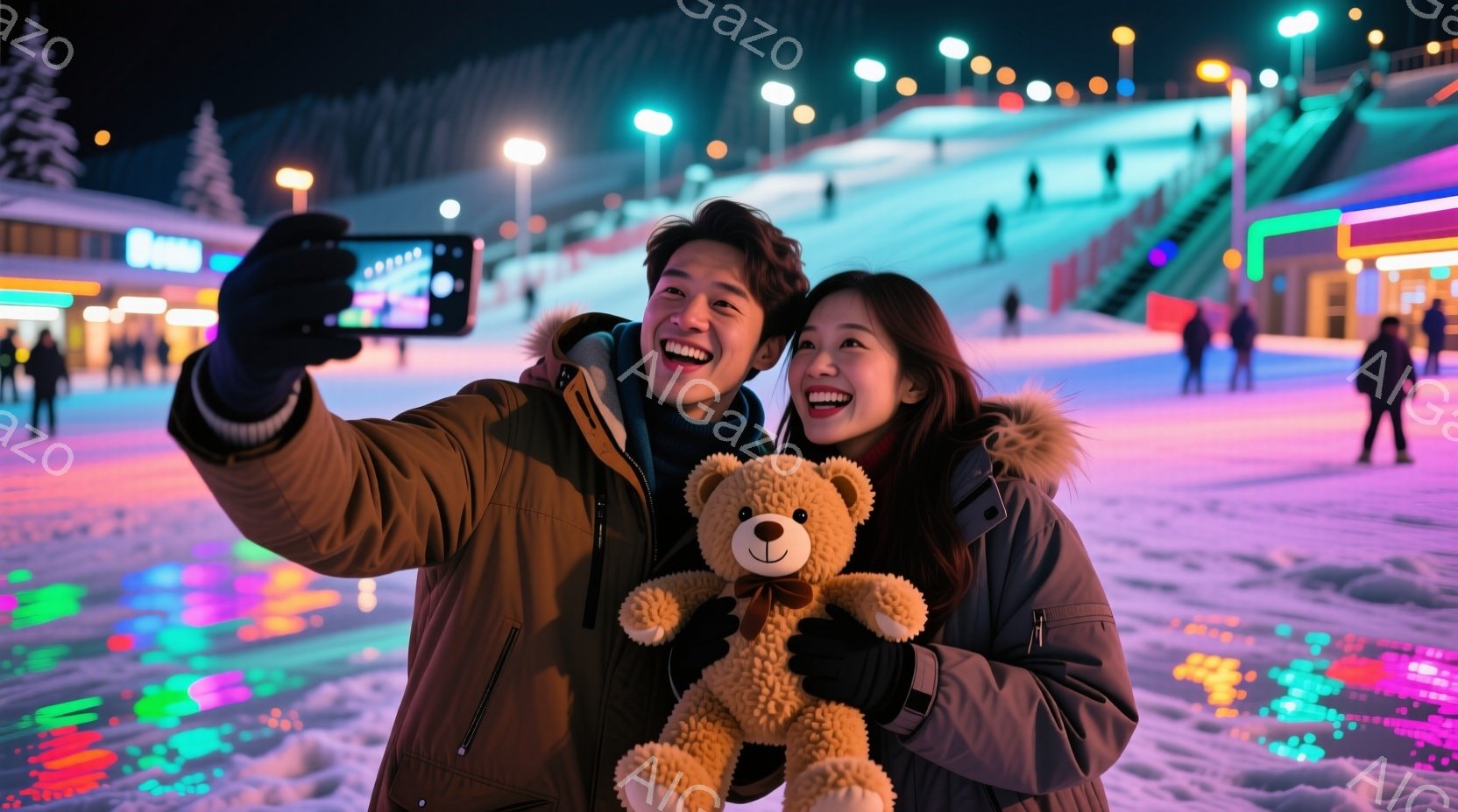 雪景色の中で、若い男女が親密に寄り添い、スマートフォンで自撮りをしています。男性は黒いジャケットを着ており、女性はファー付きのパーカーを着ています。背景にはライトアップされたスキー場と雪に覆われた山々が見え、華やかで暖かい雰囲気を醸し出しています。