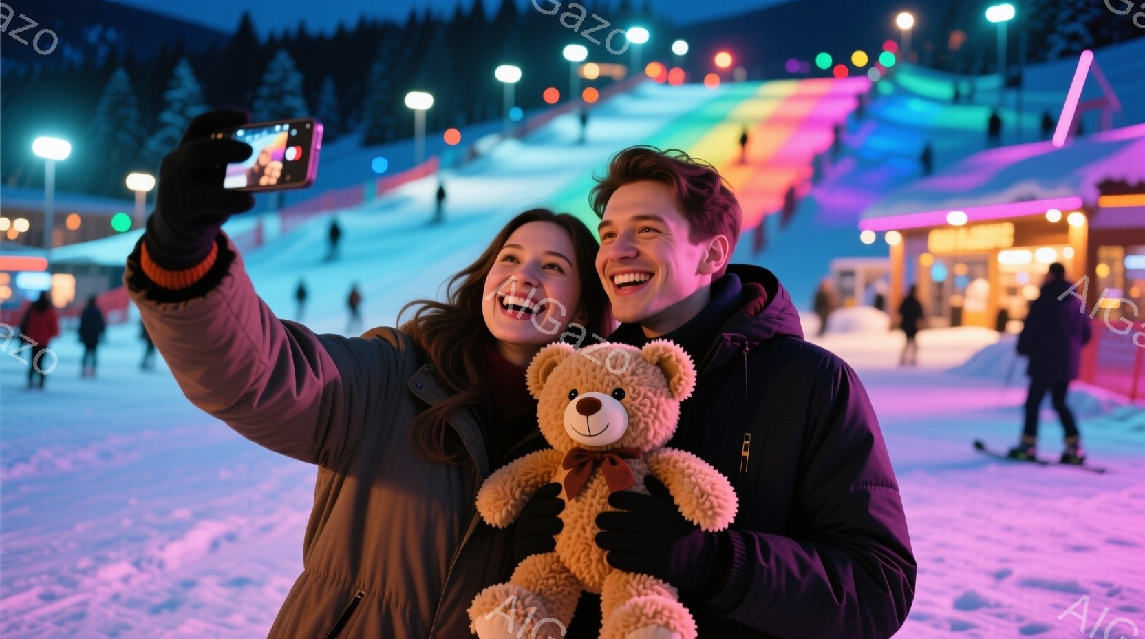 雪景色の中で、若い男女が笑顔でセルフィーを撮っています。女性は黒のジャケットにオレンジ色の襟があり、茶色の髪を耳から出して微笑んでいます。男性は黒のジャケットを着ており、片手にテディベアを持ちながら、 - AI生成フリー素材