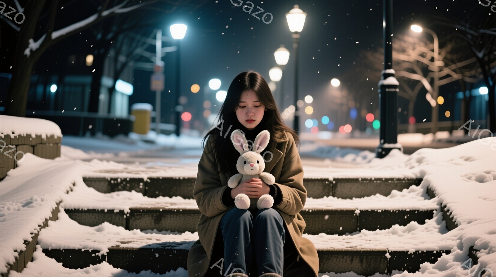 長い黒髪の女性が雪積もった階段に座り、白いウサギのぬいぐるみ抱きしめています。彼女は茶色のコートとジーンズを着ており、少し悲しげな表情で下を見つめています。背景には、ぼやけた街灯と雪景色が広がり、全体 - AI生成フリー素材