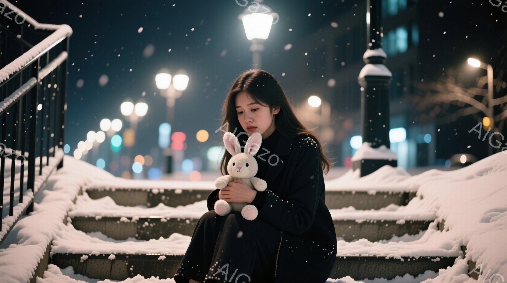 黒いコートを着た若い女性が雪に覆われた階段に座っており、ピンク色のウサギの人形を抱いています。彼女は肩まで伸びた黒髪で、少し憂いを帯びた表情をしています。背景にはぼやけた街灯と雪が降り積もる夜景が広が - AI生成フリー素材