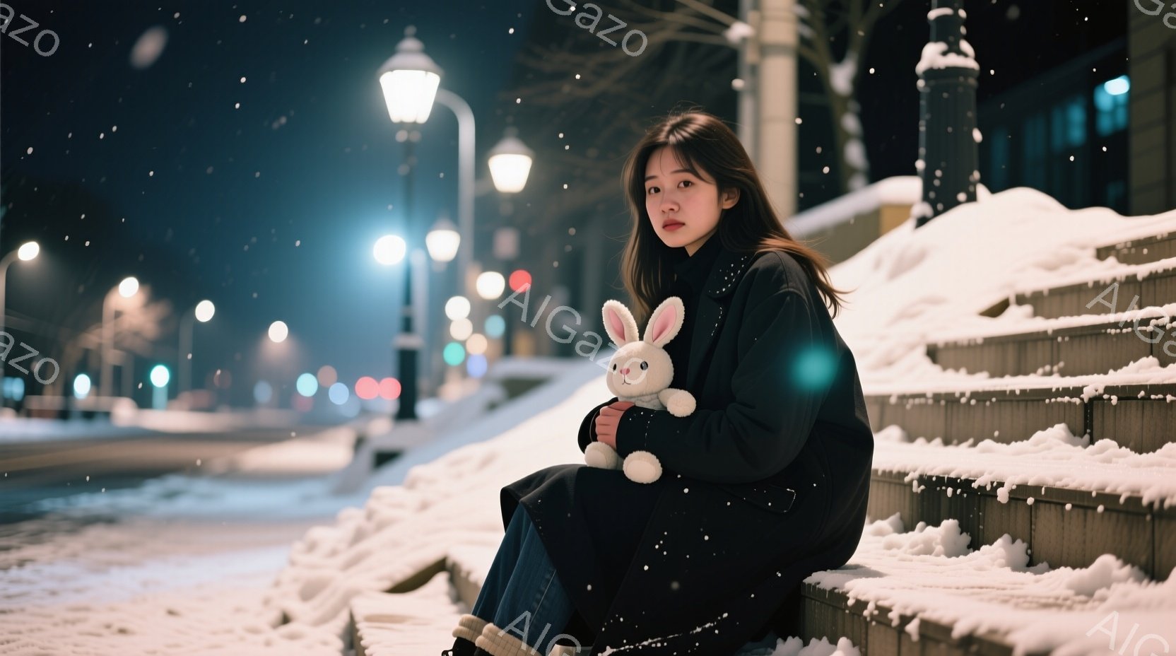 長いダークヘアの女性が、雪に覆われた階段に座り、白いウサギのぬいぐるみを抱きかかえています。彼女は黒いコートとジーンズを着ており、少し憂いのある表情をしています。背景には夜の街並みと街灯が見え、雪が舞 - AI生成フリー素材