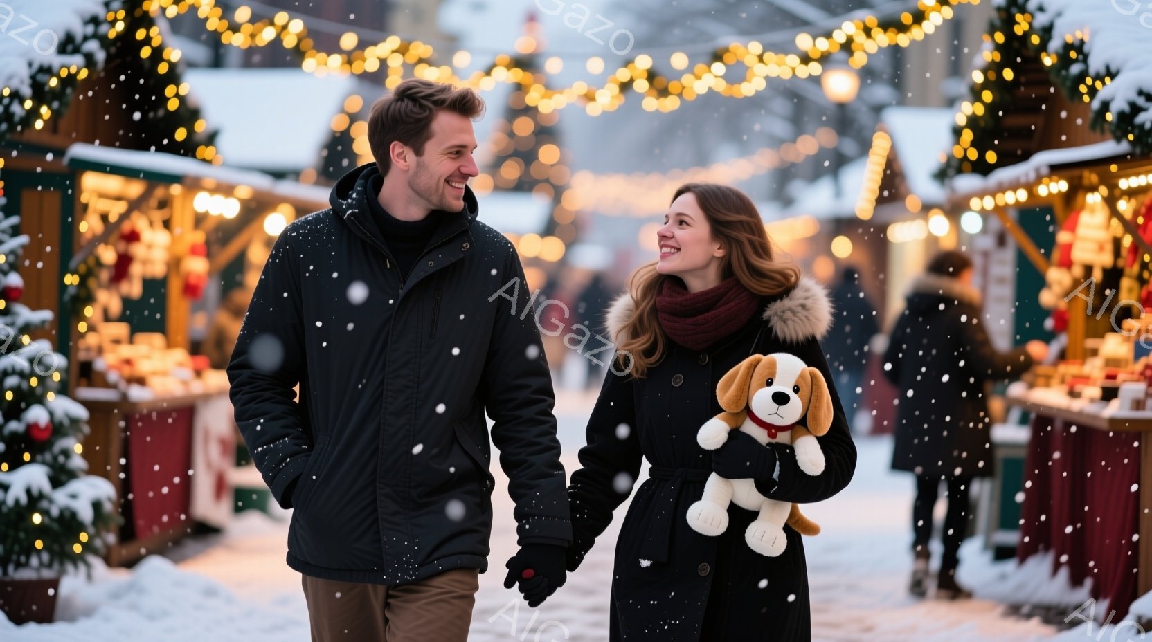 雪が降る中で、若い男女が手をつないで歩いています。男性は黒いジャケットに茶色のズボン、女性は黒いコートに赤いマフラーを巻け、ぬいぐるみの犬を抱えています。背景にはクリスマスマーケットの屋台が並び、暖か - AI生成フリー素材
