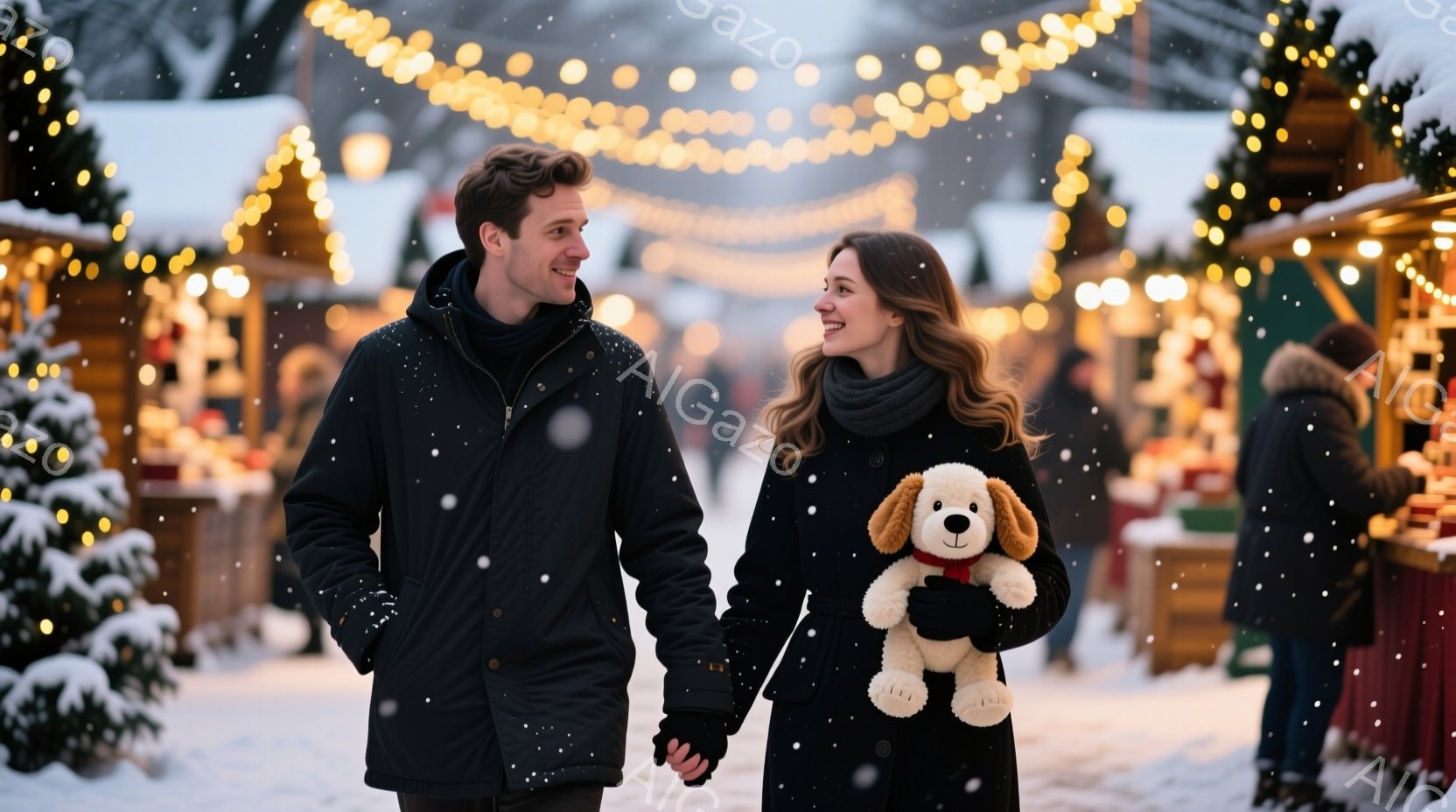 雪が舞う中で、若いカップルが手をつないで歩いています。男性は黒いジャケットを着ており、女性は黒いコートとスカーフを巻き、大きなテディベアを抱えています。背景には、クリスマスの装飾が施された屋台や雪で覆 - AI生成フリー素材