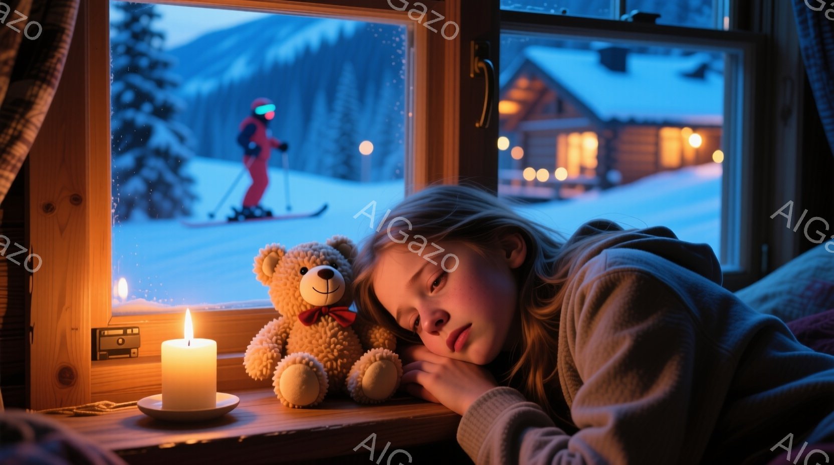 少女は窓辺に横たわり、テディベアを抱きしめています。彼女はセーターを着ており、金髪を無造作に垂らしています。窓の外には雪景色が広がり、スキーをする人が見え、遠くには温かい光を灯した建物が並んでいます。 - AI生成フリー素材