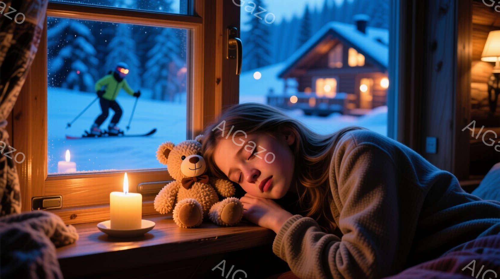 冬の窓辺で、少女がテディベアを抱きかかえて眠っています。彼女はグレーのセーターを着ており、長い金髪が肩に散らばっています。窓の外には雪景色が広がり、スキーヤーが滑っているのが見え、暖炉の光が室内を照ら - AI生成フリー素材