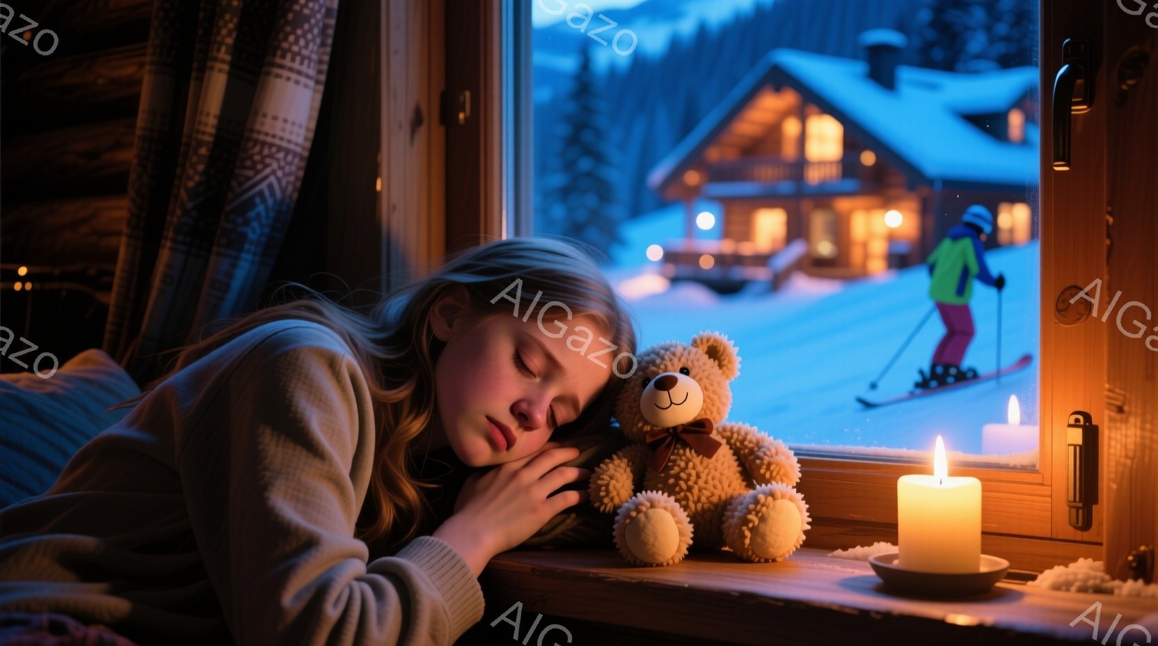 少女が窓辺で眠っており、そばにはテディベアが寄り添っています。外は雪景色で、遠くにはスキーをする人物が見え、暖炉の光とキャンドルの灯りが室内を温かく照らしています。全体的に穏やかで、冬の静けさと安らぎ - AI生成フリー素材