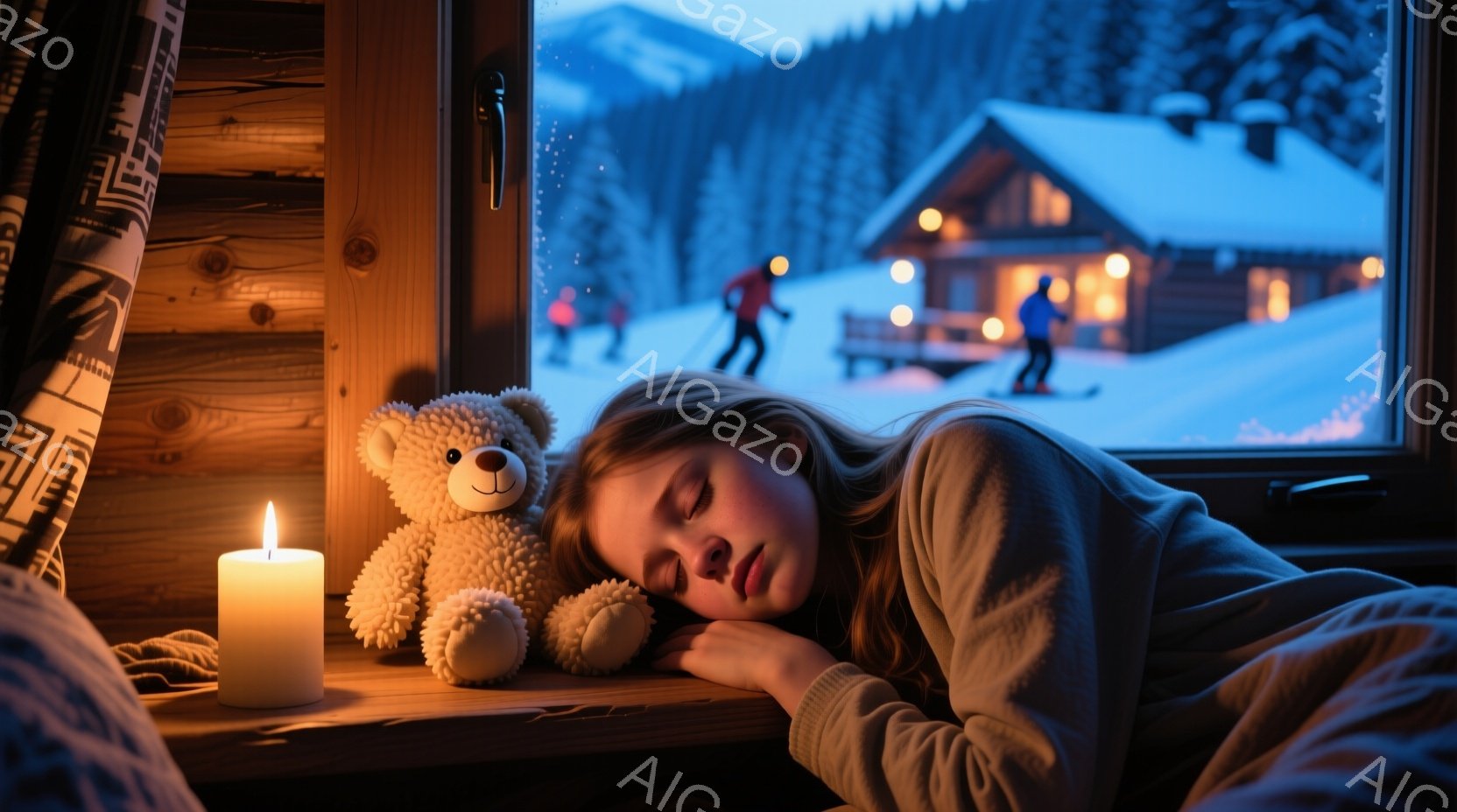 少女は窓辺のふかふかした敷物の上で、テディベアを抱きしめながら眠っています。彼女はベージュのセーターを着ており、長い髪は緩く散らばっています。背景には雪景色が広がり、遠くにはスキーをする人々や温かい光を放つ山小屋が見え、静かで穏やかな雰囲気が漂っています。