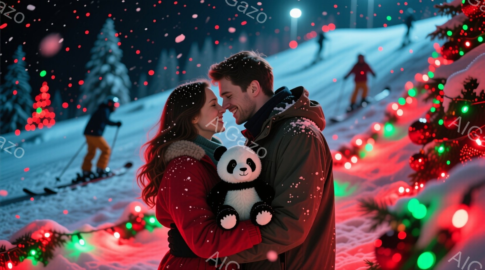 雪が舞うスキー場で、若い男女が抱き合っています。女性は赤色のセーターを着ており、長い巻き髪が肩にかかっています。男性は黒色のジャケットを着ており、女性を見つめて微笑んでいます。背景には、他のスキーヤーや松の木々が見え、イルミネーションが輝き、暖かい雰囲気を作り出しています。