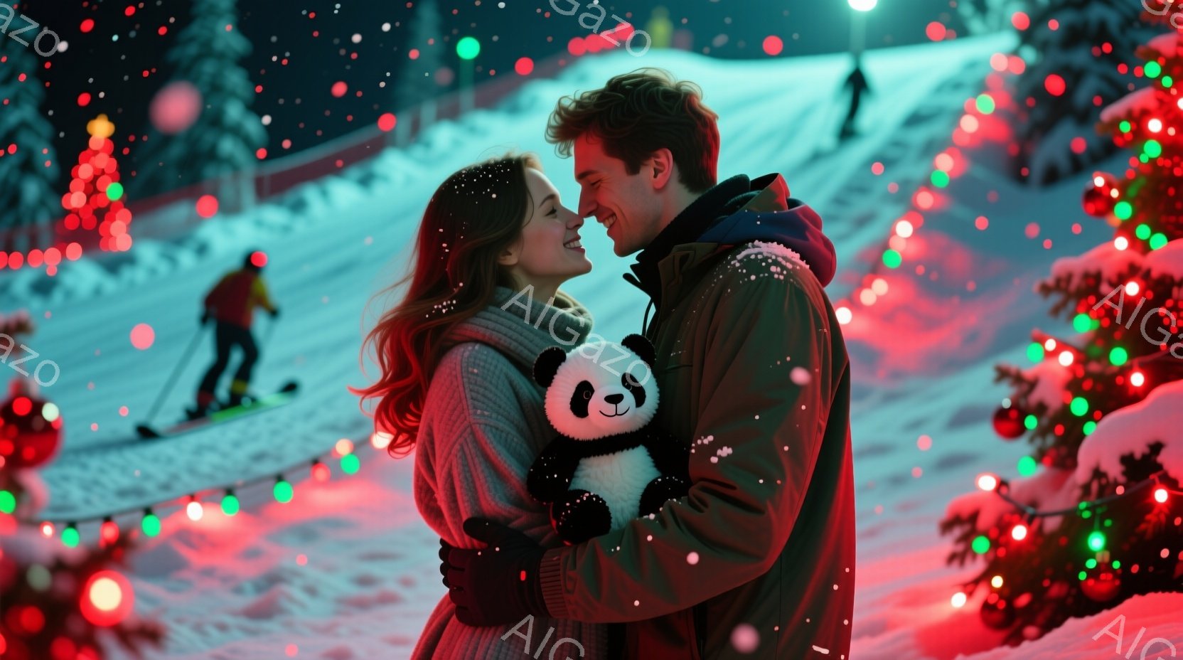 雪景色の中で、若い男女が抱き合って微笑み合っています。女性は赤毛で、白いセーターと黒い手袋を着ており、男性は濃い茶色の髪で、黒いジャケットと赤いスカーフを巻いています。背景にはライトアップされた木々と - AI生成フリー素材