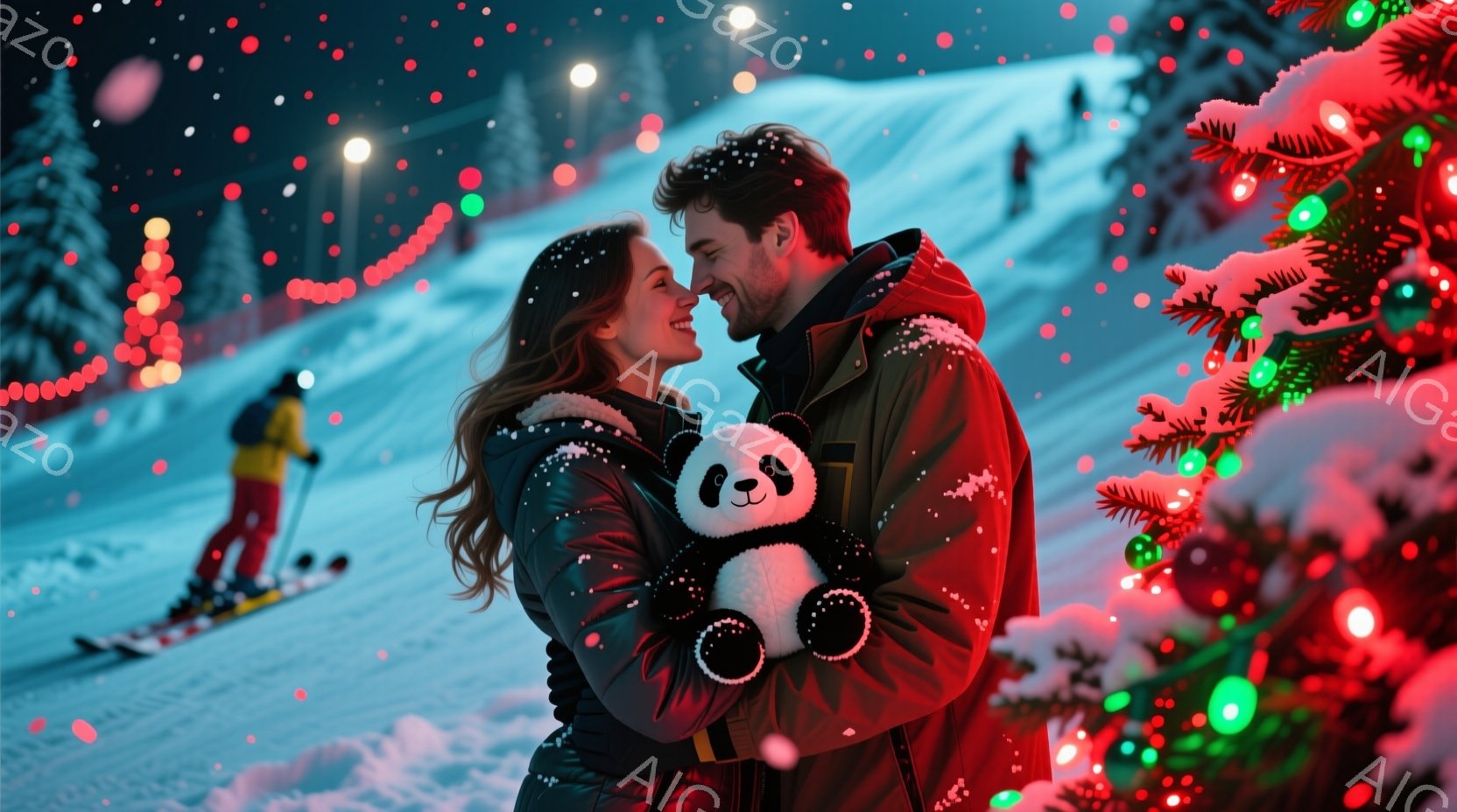 雪山を背景に、若い男女が抱き合っている。女性は茶色の長い髪で、黒いジャケットを着ており、男性は髭を生やし、黒いコートを着ている。背景にはスキーヤーやクリスマスツリーのイルミネーションが見え、雪が舞い散 - AI生成フリー素材