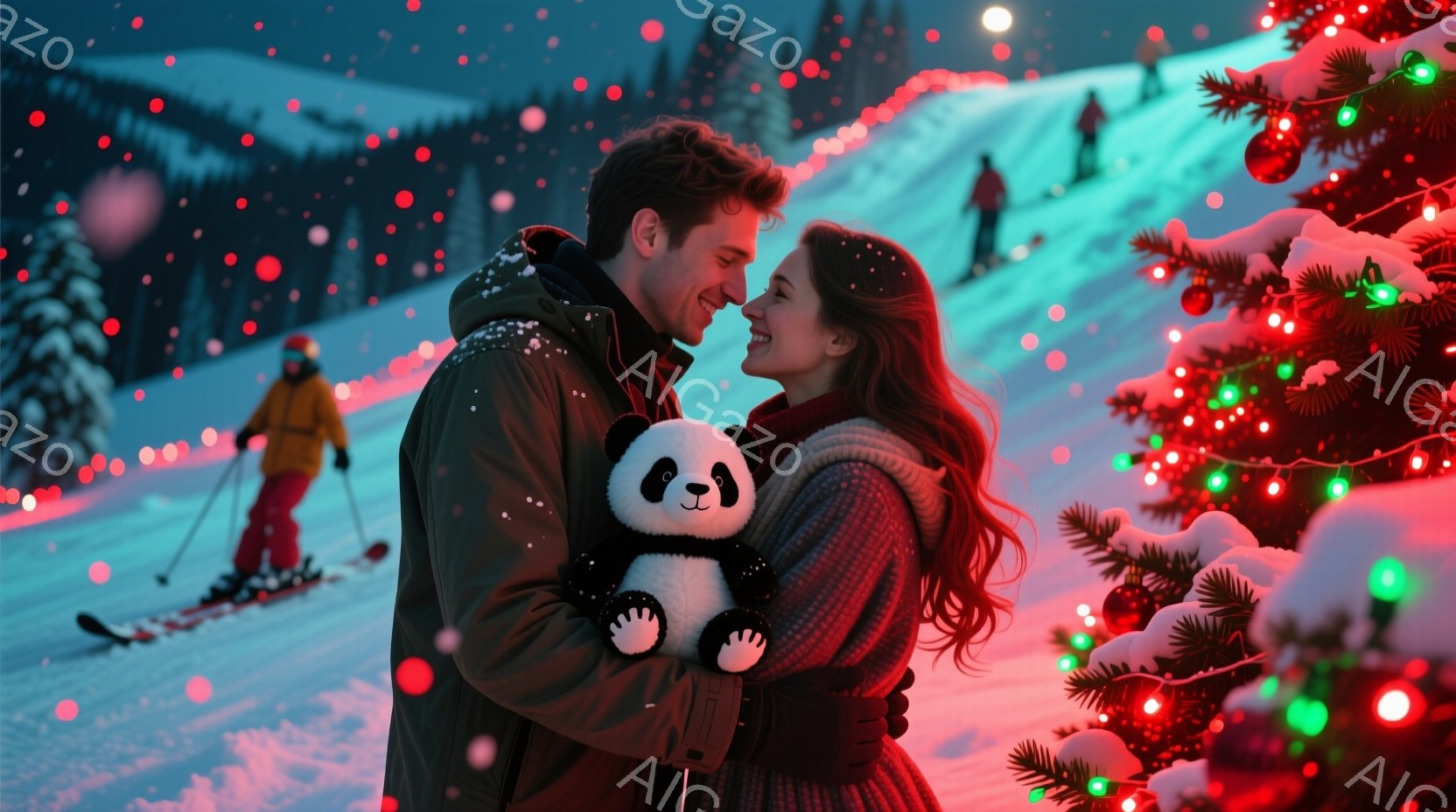 雪景色の中で、若い男女が抱き合っている。男性は黒いジャケットを着ており、女性は編み模様のセーターを着て、髪はゆるく巻かれている。背景にはスキーをする人々が見え、クリスマスツリーのような装飾が輝き、温か - AI生成フリー素材
