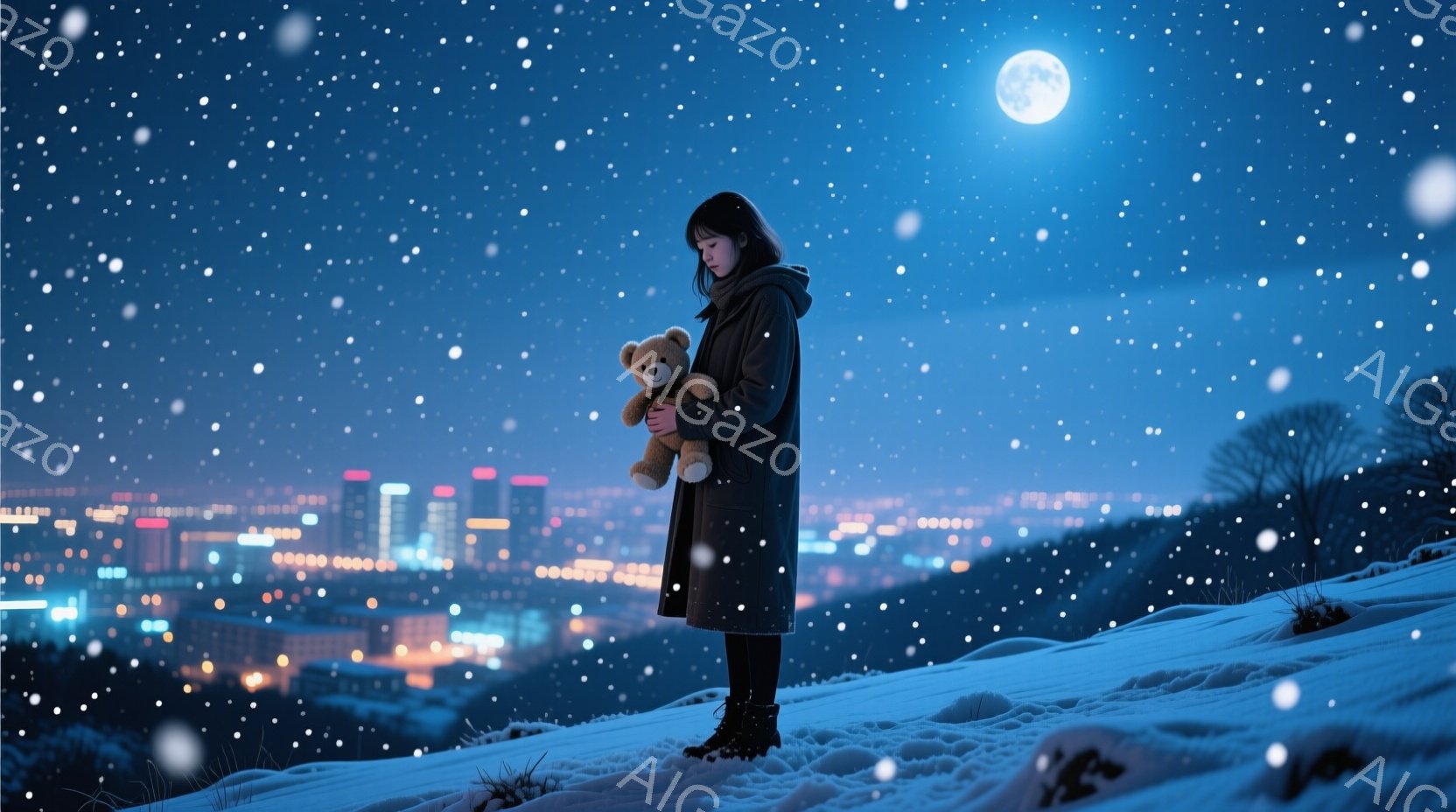 雪が降り積もる丘の上に、黒いコートを着た女性が立っている。彼女は抱きしめるように茶色のテディベアを抱え、少しうつむき加減で、寂しげな雰囲気を漂わせている。遠景には、夜の街の灯りが輝き、背景にはシルエッ - AI生成フリー素材