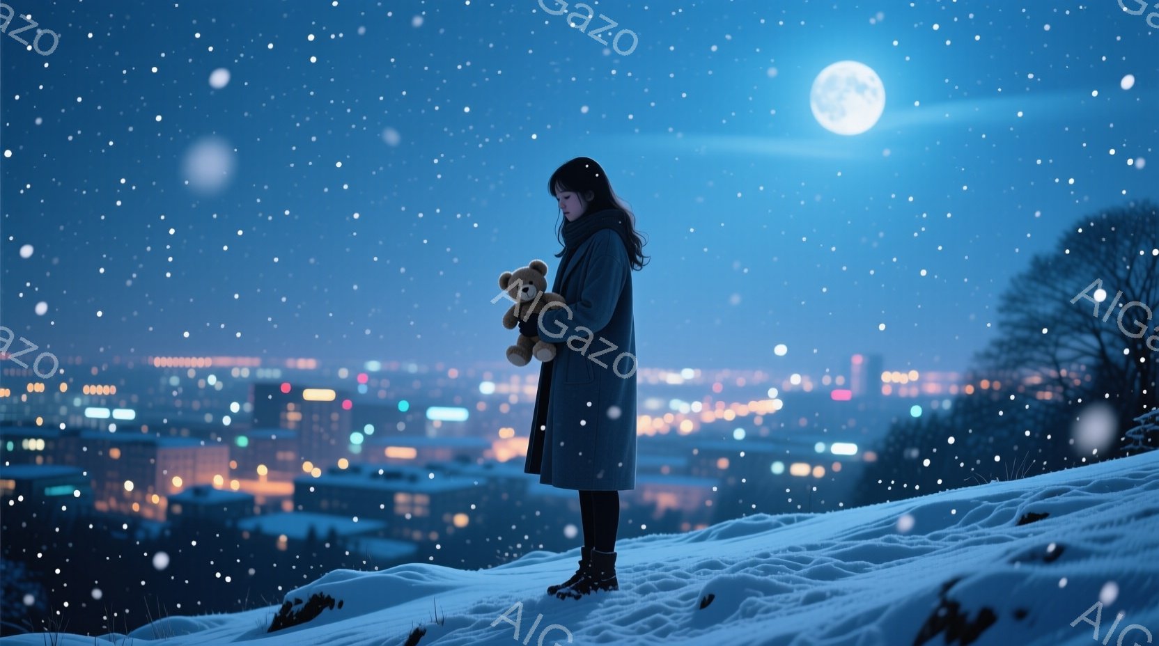 雪が降る夜、女性が丘の上に立ってテディベアを抱きしめています。彼女は濃い青色のコートを着ており、長く暗い髪は風になびいています。背景には光る街並みが広がり、遠くには満月が輝き、静かで物憂げな雰囲気を醸 - AI生成フリー素材