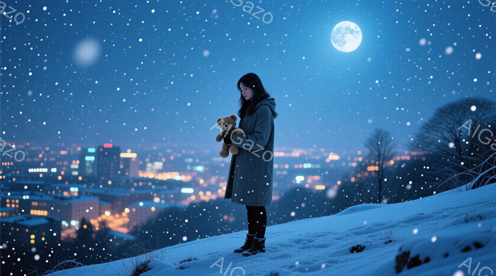 雪に覆われた丘の上に、コートを着た女性が立っている。彼女はテディベアを抱きしめ、少し寂しげな表情をしている。背景には、夜に輝く街並みと、満月が浮かび、雪が舞う幻想的な光景が広がっている。 - AI生成フリー素材