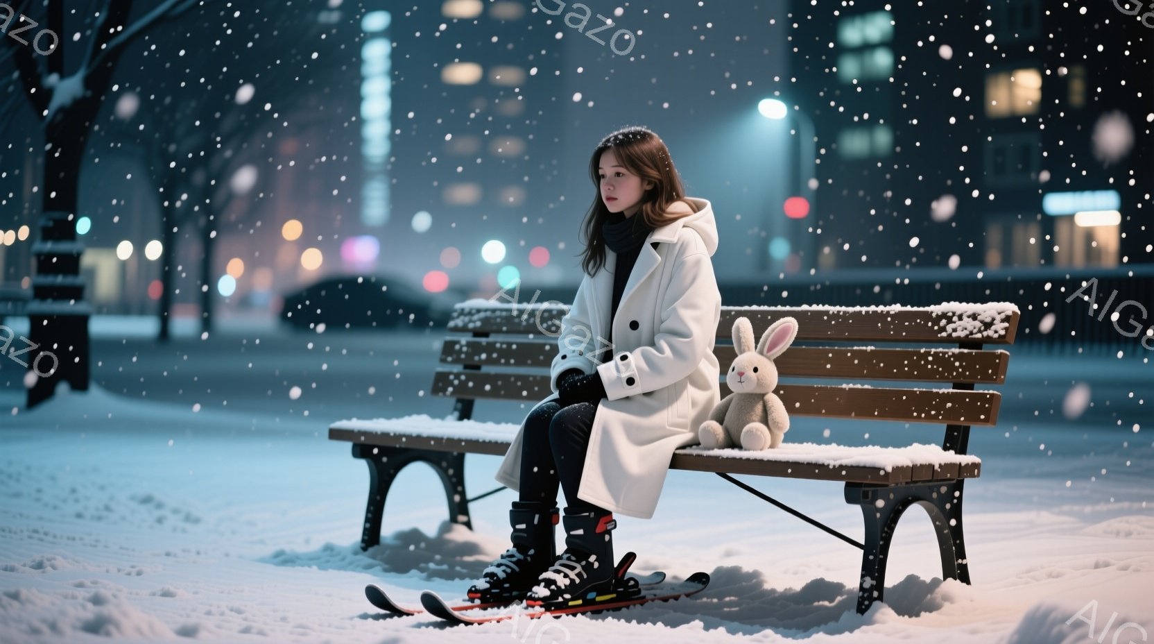 雪が降る夜の公園のベンチに、若い女性が座っています。白いコートと黒いスキージャケット、ブーツを履き、横には可愛らしい茶色のウサギの人形が置かれています。彼女は少し物憂げな表情で遠くを見つめており、冬の - AI生成フリー素材
