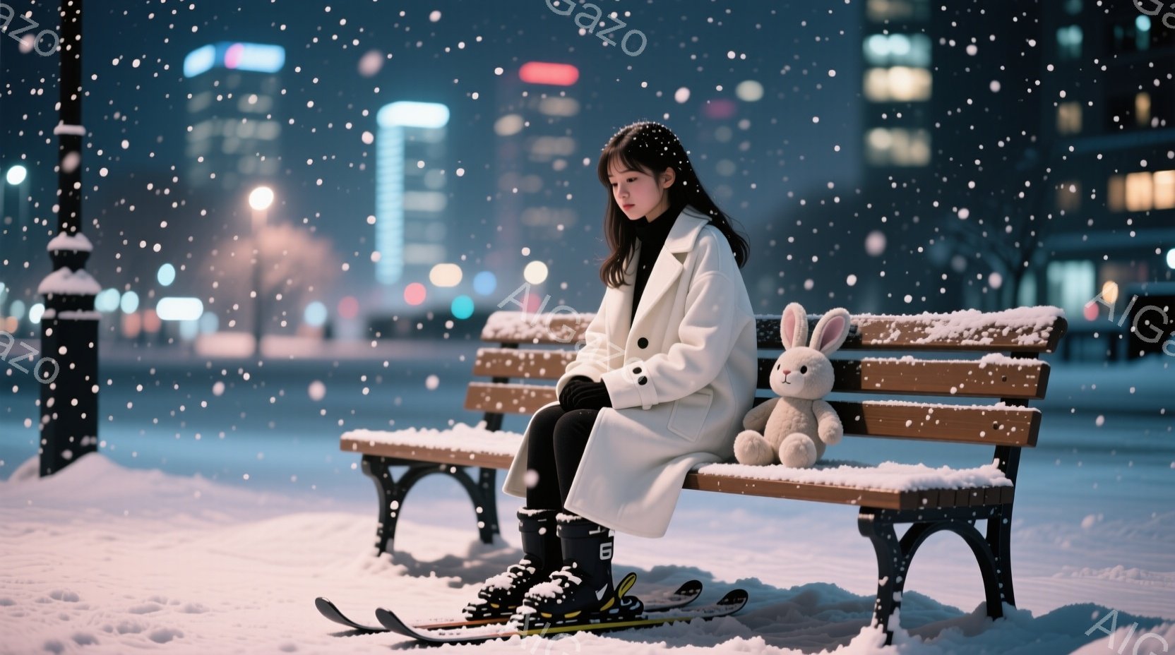 白いロングコートを着た女性が雪の降る公園のベンチに座っています。彼女は黒髪で、顔色は少し憂いを帯びています。足元にはスキーブーツとスキー板があり、隣には大きな灰色のウサギのぬいぐるみがあります。