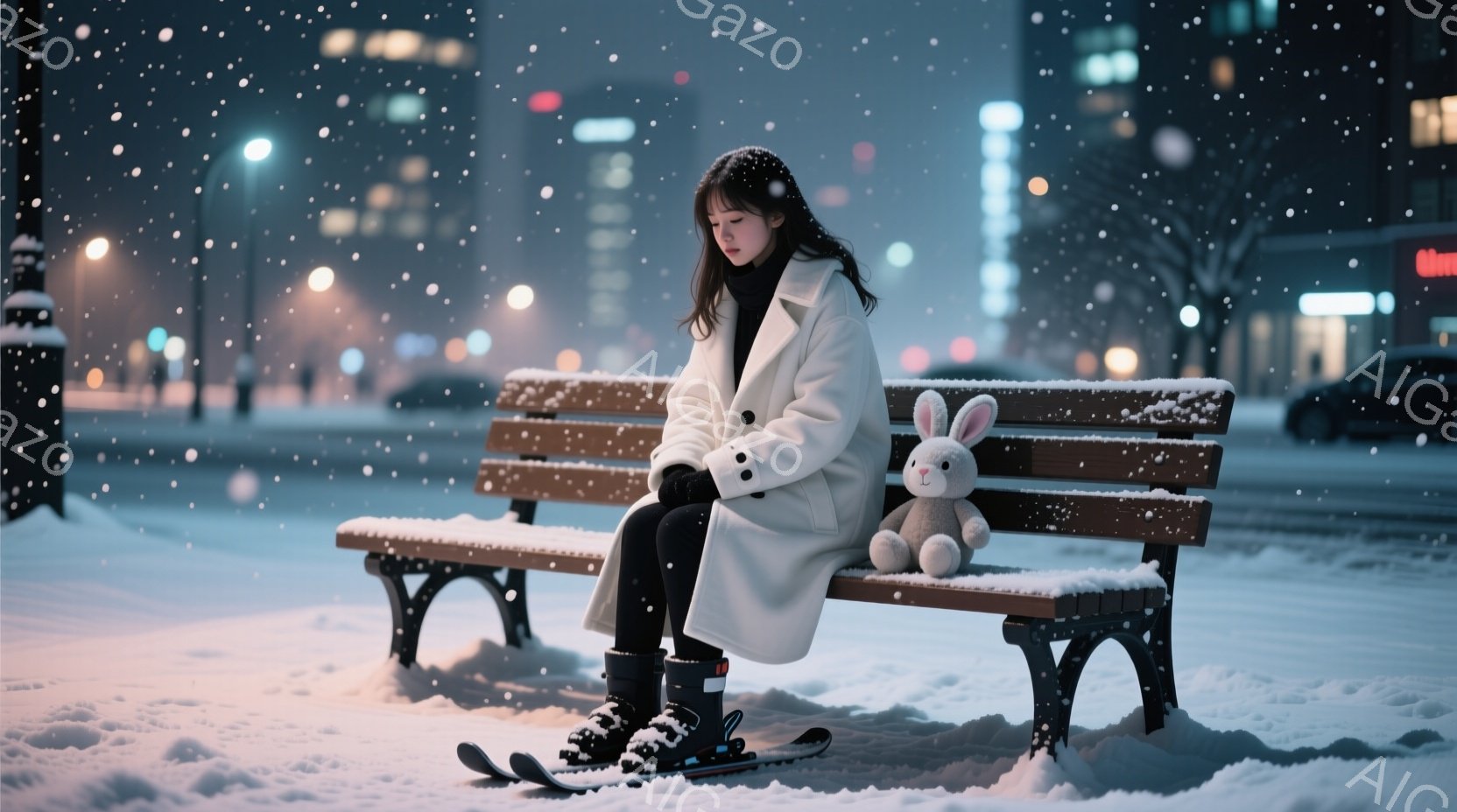 雪が降る夜の公園のベンチに、若い女性が座っています。彼女は白いオーバーサイズコートと黒い服を着て、長い黒髪は肩にかかっています。彼女の表情は少し憂鬱そうで、膝の上に大きなウサギのぬいぐるみを持っていま - AI生成フリー素材