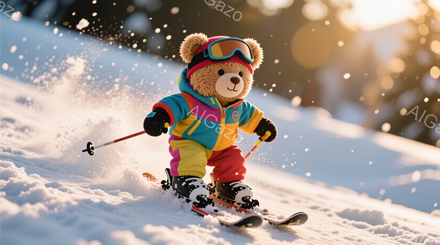 鮮やかな色のスキーウェアを着たテディベアが雪山を滑走している。サングラスをかけ、片手にスキーポールを持ち、勢いよく雪面を滑る姿は躍動感に満ちている。背景には雪が舞い、晴れた空と白い雪のコントラストが冬 - AI生成フリー素材