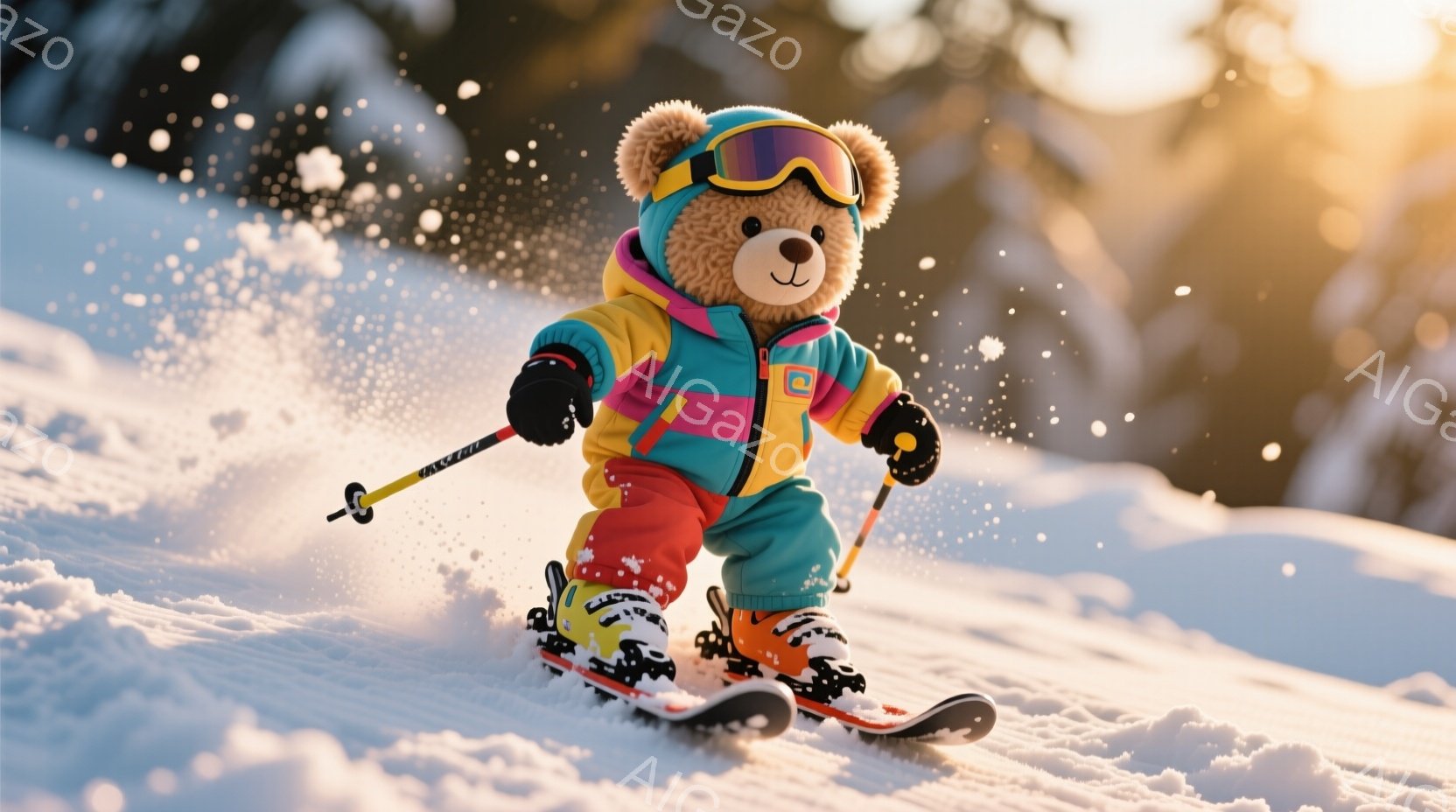 スキーウェアを着たテディベアが雪の上を滑走している様子を捉えています。鮮やかなピンク、青、オレンジ色のスキーウェアとゴーグルを身につけ、片手にスキーポールを持ち、前進する姿勢を見せています。背景は雪景色で、雪が舞い上がっており、快活で遊び心のある雰囲気を醸し出しています。