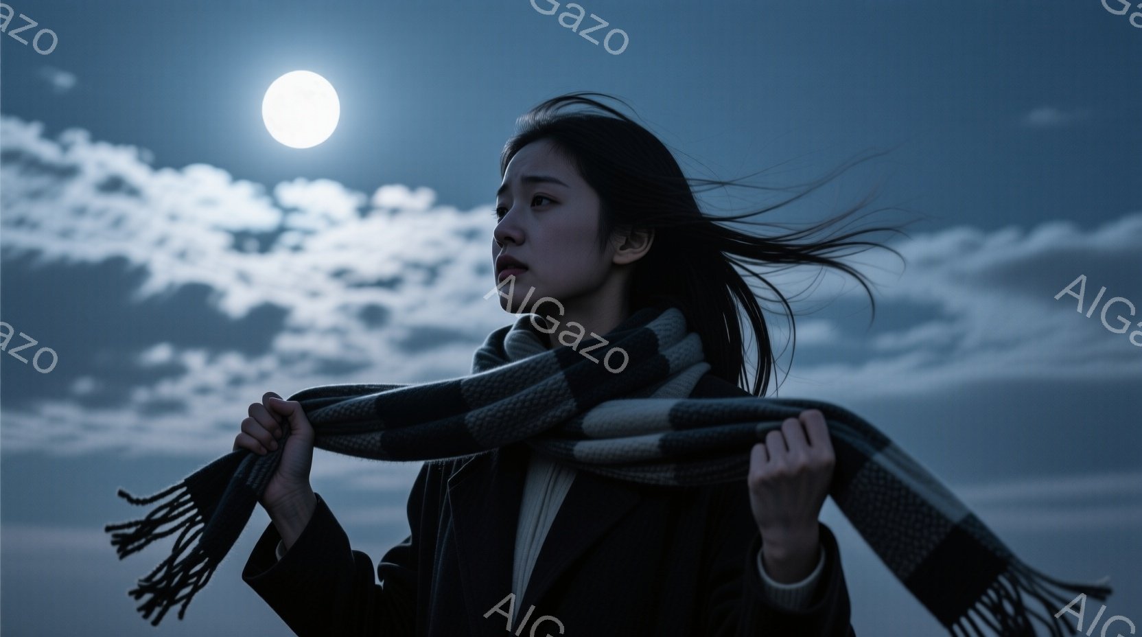 長い黒髪が風になびき、黒いコートとチェック柄のマフラーを身につけた女性が描かれている。彼女はわずかに顔を上げ、憂いを帯びた表情で遠くを見つめている。背景には雲が広がり、強い光を放つ満月が輝き、全体的に静かで少し寂しげな雰囲気を醸し出している。