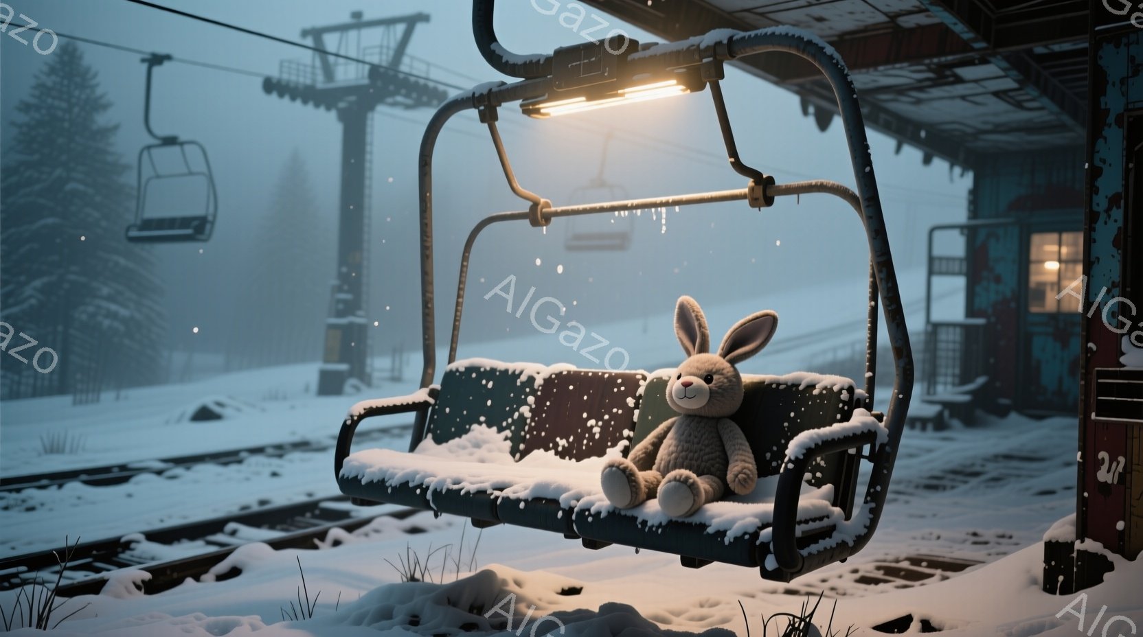 雪に覆われたゴンドラの椅子に、灰色のうさぎのぬいぐるみが座っている。背景には薄暗い森と、雪が降る荒廃したゴンドラ駅舎が見え、全体的に寂しげで物悲しい雰囲気が漂っている。錆び付いたゴンドラと降り積もる雪が、時間の経過と忘れ去られた場所という印象を与える。