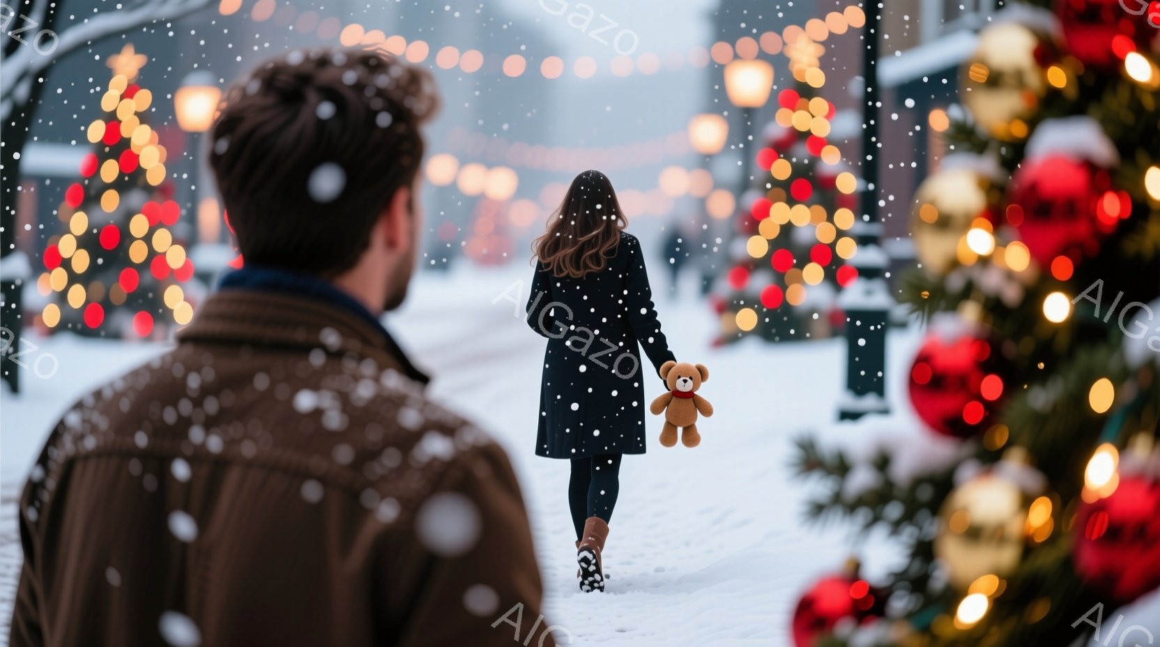 雪が降る街並みで、後ろ姿の女性がテディベアを手に歩いている。彼女は黒いコートとレギンスを身に着け、長い髪が背中に流れている。背景にはクリスマスツリーが飾られ、キラキラと光るイルミネーションが冬の暖かく - AI生成フリー素材