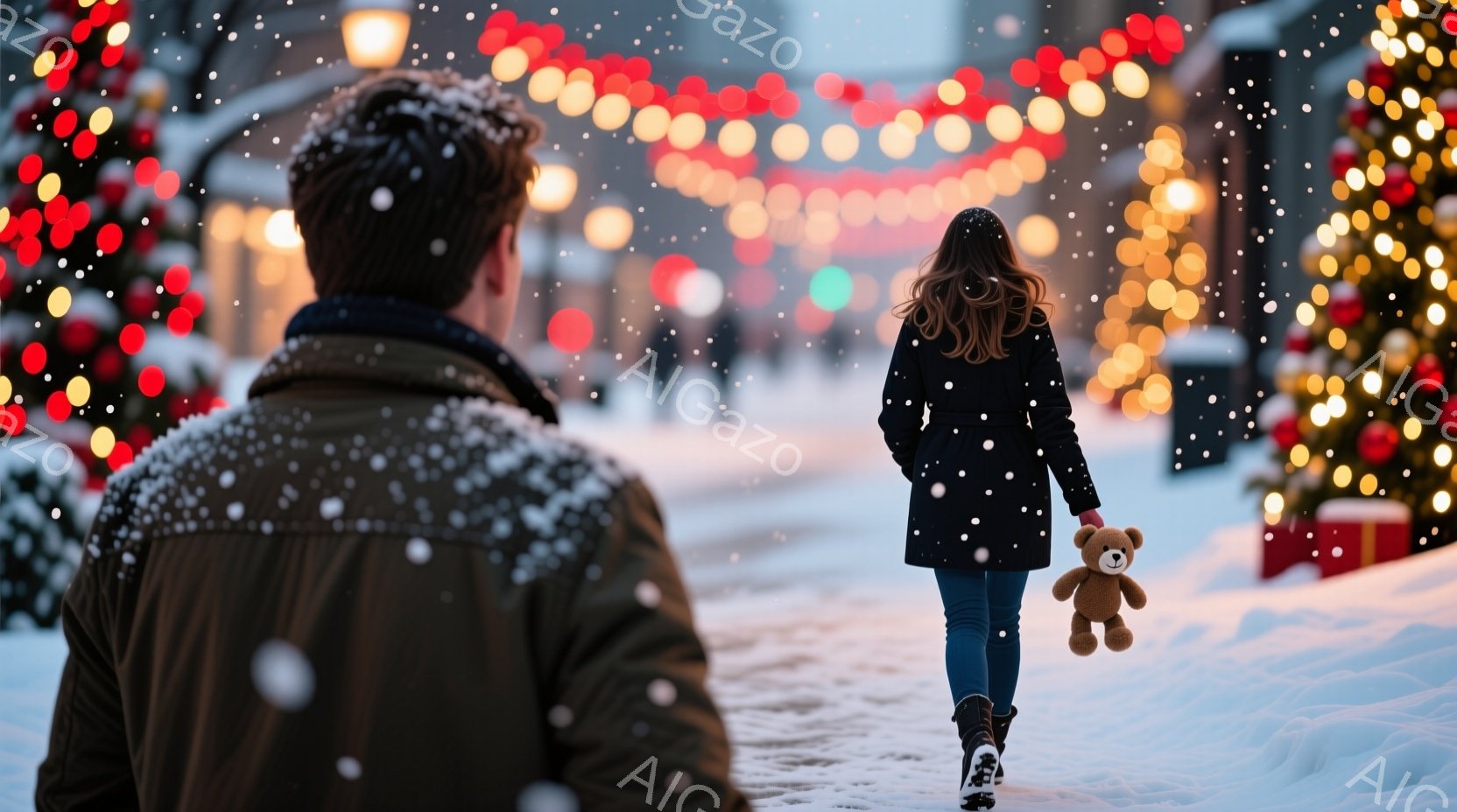 雪が降り積もる街並みで、一人の女性がテディベアを手に歩いている後ろ姿が捉えられている。彼女はダークカラーのコートとジーンズを着用し、髪は長く後ろに垂らされている。背景にはクリスマスイルミネーションが輝 - AI生成フリー素材