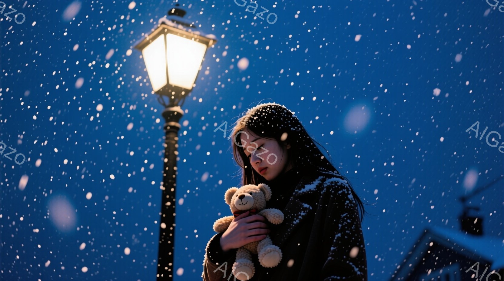 雪が降る夜、若い女性がテディベアを抱きしめて立っている。彼女は黒いコートを着ており、長い黒髪が肩にかかっている。背景には街灯と雪で覆われた屋根の建物が見え、全体的に寂しげで物憂げな雰囲気が漂っている。 - AI生成フリー素材