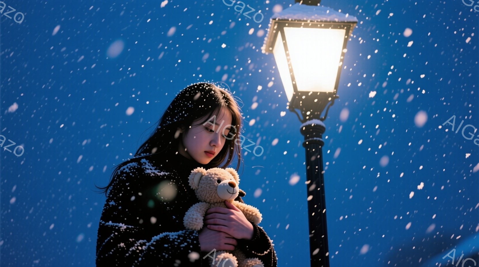長い黒髪の女性が、雪が降る夜に、テディベアを抱きしめて立っています。彼女は黒いコートを着ており、少し憂いを帯びた表情をしています。背景には雪が舞い、街灯が青い夜空を照らし、寂しげで幻想的な雰囲気を醸し - AI生成フリー素材