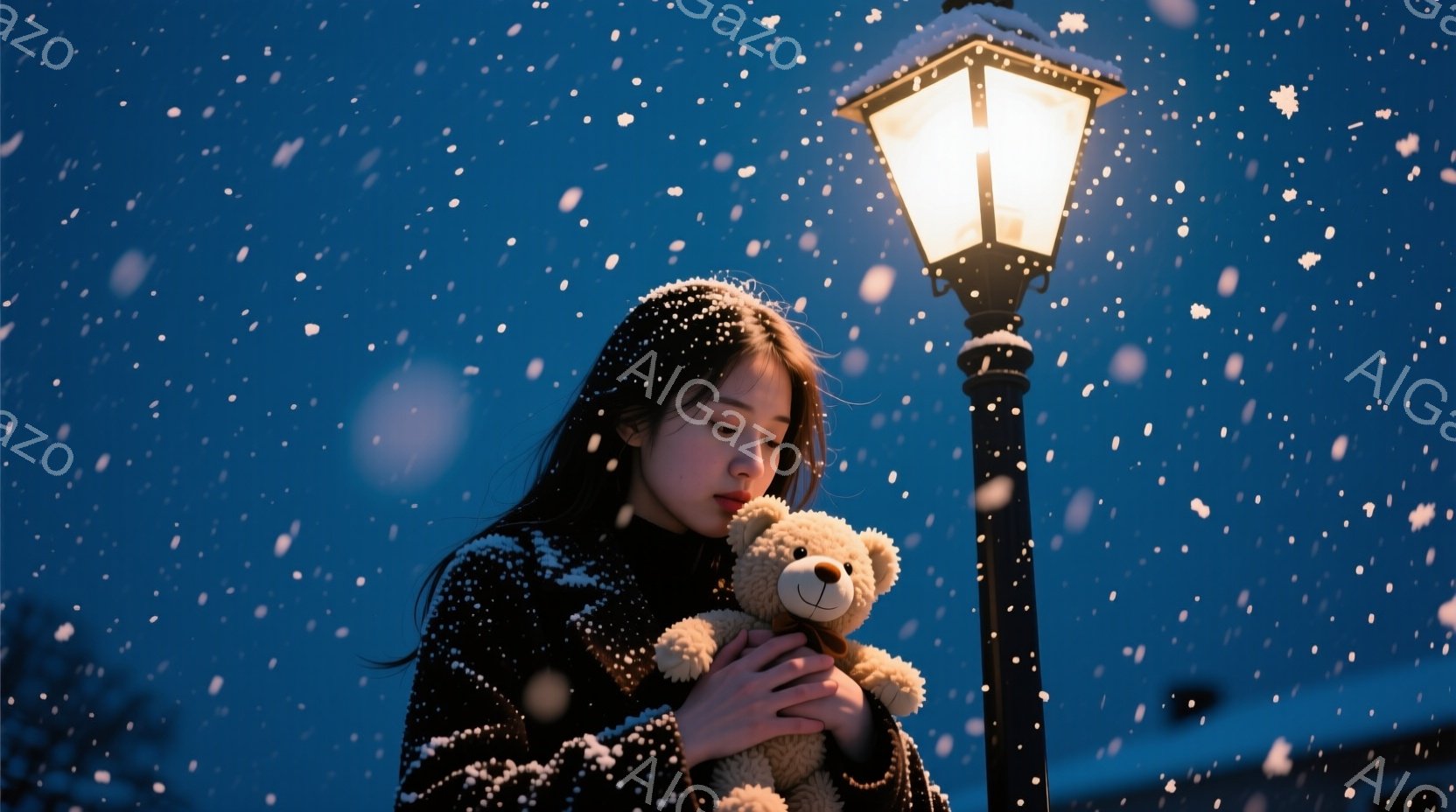 長い黒髪の女性が、雪が降る中でテディベアを抱きしめて立っている。彼女は黒いコートを着ており、少し悲しげな表情をしている。背景には街灯とぼんやりとした建物が見え、全体的に静かでメランコリックな雰囲気を醸 - AI生成フリー素材
