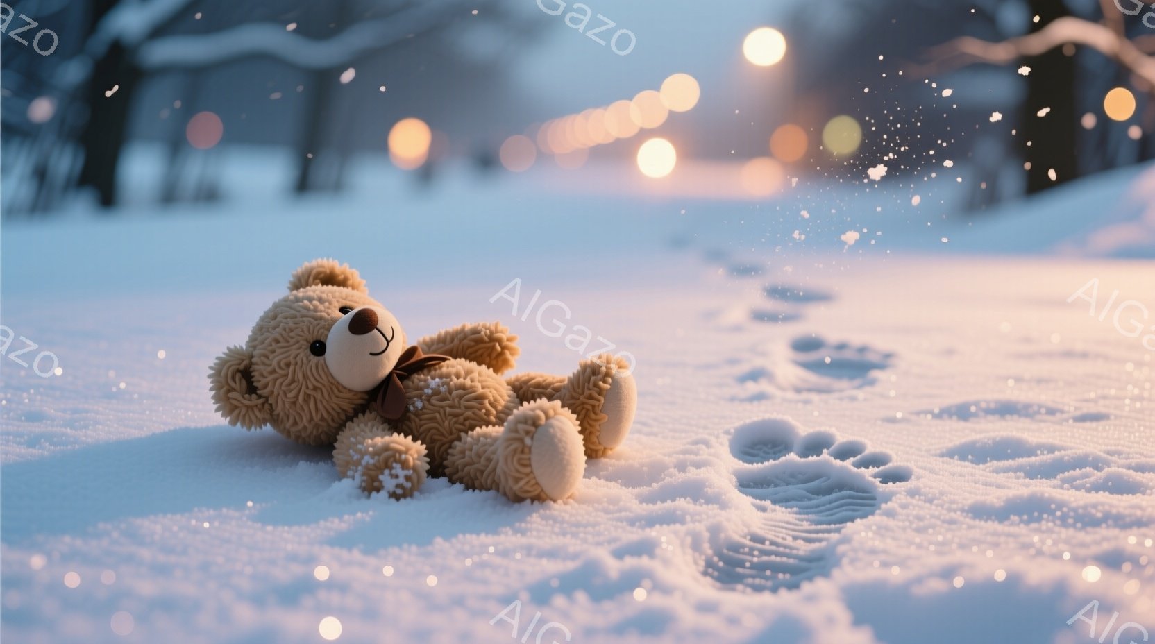白い雪の上に、茶色いリボンを首に巻いたテディベアが横たわっています。足跡がベアの周りにあり、背景にはぼやけた木々と暖かい光の点が見えます。全体的に、静かで穏やかな冬の日の雰囲気が漂っています。 - AI生成フリー素材