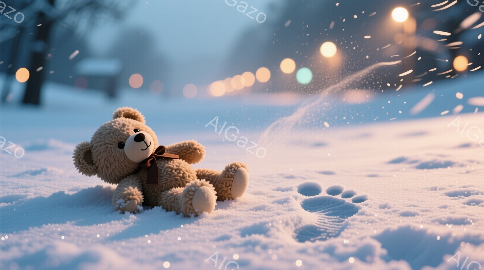 雪景色の中に、茶色いテディベアが横たわっています。ベアは赤いリボンをつけており、雪の上に小さな足跡が残っています。背景はぼやけており、街灯の光が雪に反射して幻想的な雰囲気を醸し出しています。