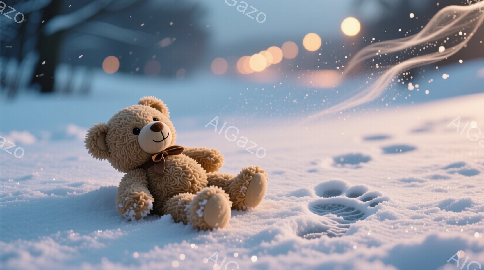 ふわふわの茶色のテディベアが雪の上に座っており、小さな赤いリボンが首に結ばれています。背景には雪の積もった風景がぼやけており、足跡とわずかに見える木々が冬の静けさを伝えています。暖かく優しい光が雪景色を照らし、ほのぼのとした穏やかな雰囲気を醸し出しています。