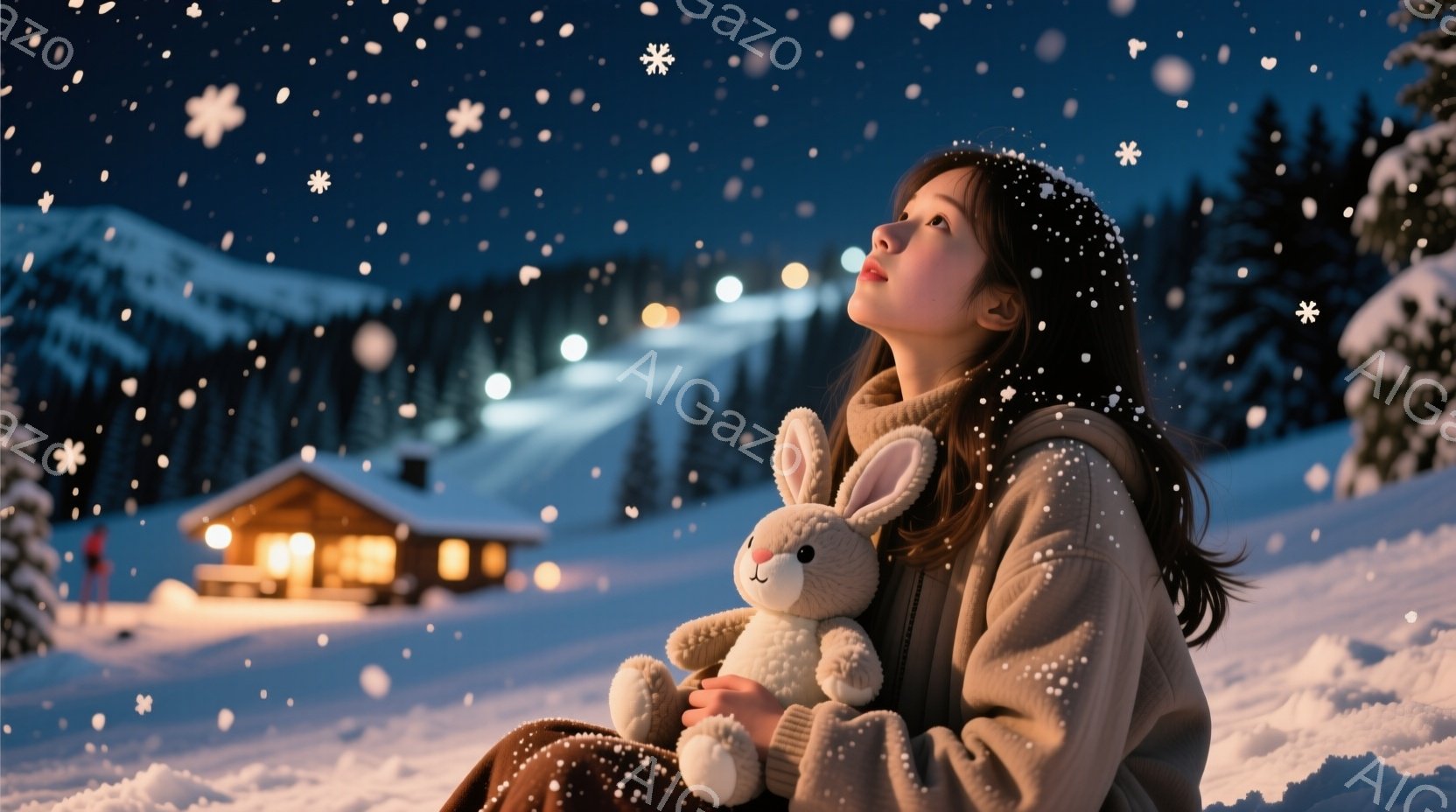 雪が降り積もる夜、少女が膝の上に大きな白いウサギのぬいぐるみを抱き、空を見上げています。彼女はセーターを着ており、長い髪は自然に肩から流れ落ちています。背景には、温かい光を灯した小さな木造の家があり、雪景色の中に暖かさと静寂が漂います。