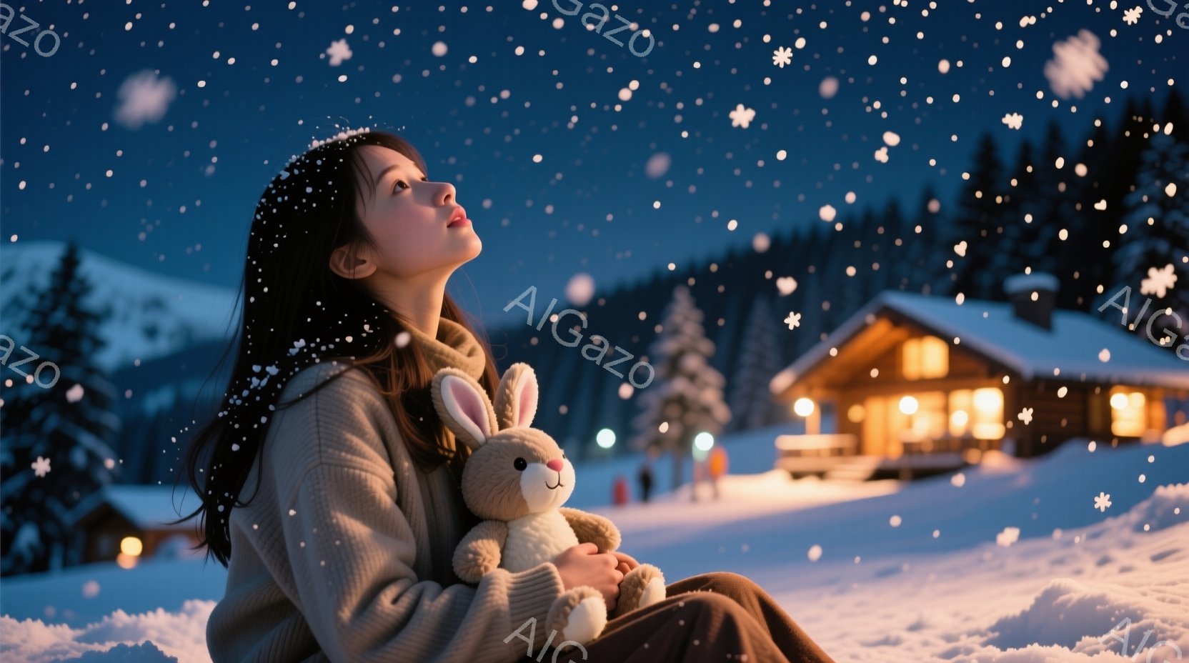 長い黒髪の女性が雪の上に座り、ふわふわのウサギの人形を抱えています。彼女はベージュ色のセーターを着ており、顔を上に向けて雪が降る夜空を見つめています。背景には、温かい光を放つ木造の建物と、雪に覆われた - AI生成フリー素材