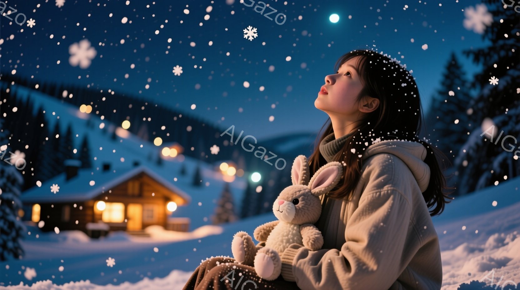 長い黒髪の女性が雪の中で座り、抱きしめているのは白いウサギのぬいぐるみです。彼女は空を見上げ、穏やかで希望に満ちた表情をしています。背景には灯りのともる小さな家々が並び、雪が降り積もる冬の夜の静かで幻 - AI生成フリー素材