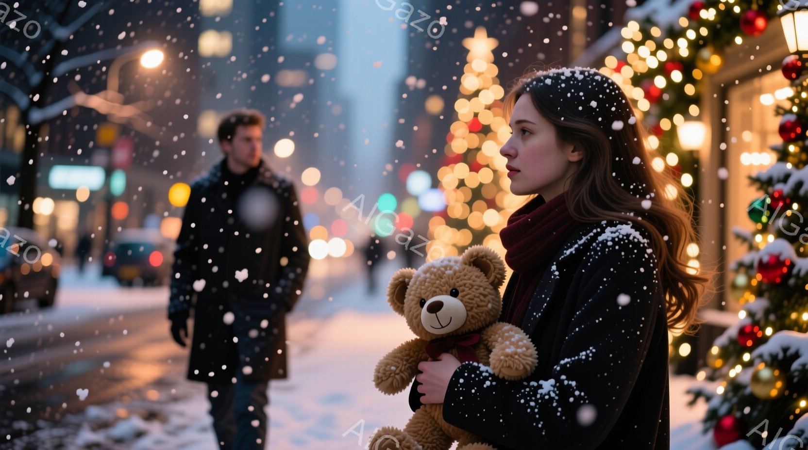 雪が降る夜の街並みで、若い女性がテディベアを抱きしめて立っている。彼女は黒いコートと赤いスカーフを身につけ、長く茶色の髪は肩にかかっている。背景にはぼやけた街の明かりと、キラキラと輝くクリスマスツリー - AI生成フリー素材