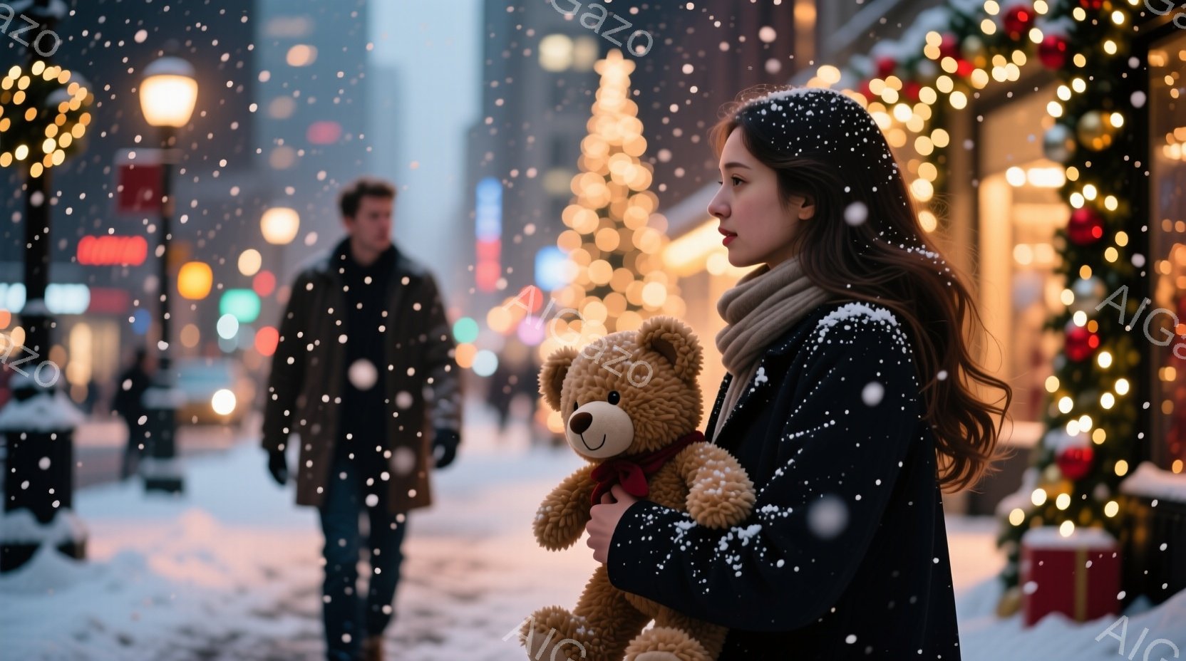 雪が舞う街並みで、女性がテディベアを抱きしめて歩いている。彼女は黒いコートと茶色のマフラーを身につけ、長い髪が肩にかかっている。背景にはクリスマスツリーやイルミネーションが輝き、冬の暖かく幻想的な雰囲 - AI生成フリー素材