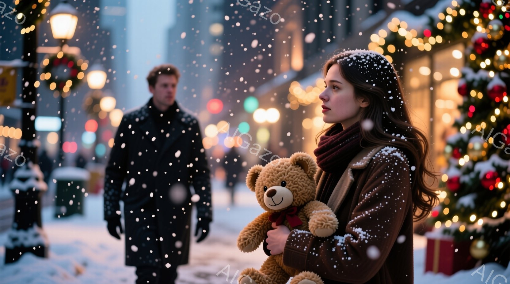 雪が舞うクリスマスの街並みで、茶色のコートを着た若い女性がテディベアを抱きしめています。彼女は少し寂しげな表情で遠くを見つめ、茶色の長い髪が肩にかかっています。背景には、ぼやけた人物と、クリスマスツリ - AI生成フリー素材