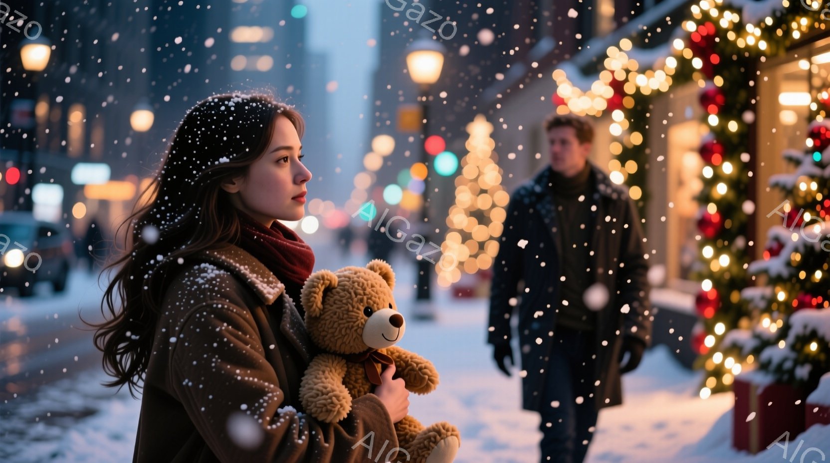 長い茶色の髪を風になびかせ、赤いスカーフを巻いた女性が、抱きしめるテディベアを見つめています。背景には、クリスマスイルミネーションで飾られた建物や雪が舞う冬の街並みがぼやけて見え、どこか物憂げな雰囲気が漂っています。遠くには、コートを着た男性が歩いているのがわずかに確認できます。
