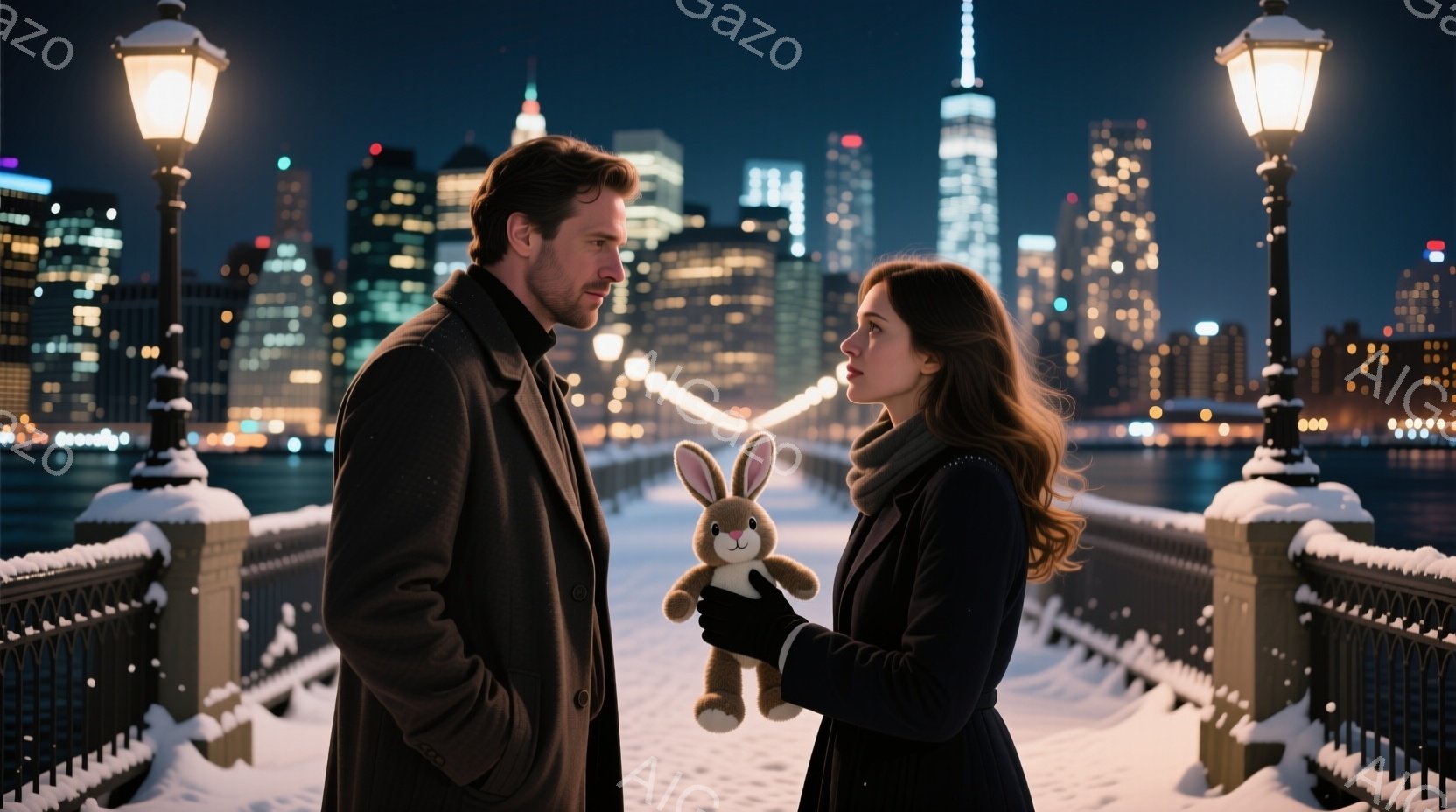 雪の降る夜に橋の上に立つ男女が写っている。男性は黒いコートを着ており、女性は黒いコートに赤いマフラーを巻いて、片手にぬいぐるみ（うさぎ）を持っている。背景には、雪に覆われた建物と、きらめく夜景が広がり、ロマンチックで少し切ない雰囲気が漂っている。