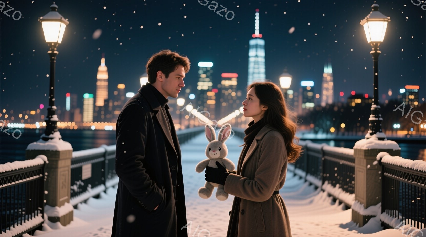 雪が舞う夜の橋の上で、一対の男女が立っている。男性は黒いコートを着ており、女性はベージュのコートを着て、手に灰色のウサギの人形を抱いている。背景には、ニューヨークの夜景が広がり、雪景色と夜景の光が幻想 - AI生成フリー素材
